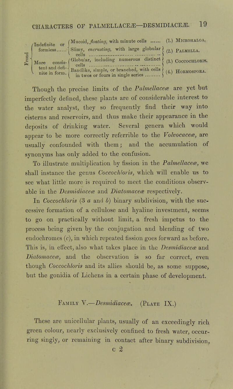 n3 o •< ^ J ^ f Mucoid, >a<w(7, with minute cells (1.) Miorohaloa. /Indefinite or J '•' formless [Slimy, encrusting, with large globular | ^2.) Palmella. More consis-(^°^'''''' i'^^*^^^ numerous distinct Kg ^ (.^^^Q^jj^^oj^jg^ ^ _ 1 i_c cells ) Seh^fotn'l^'^^''^' 'P'^' or branched, with cells ) . Hoem03POEA. nice m lorm. 1 ^^^^ ^^^^^ g^^gjg gg,^gg j \ ; Though the precise limits of the Palmellace(B are yet but imperfectly defined, these plants are of considerable interest to the water analyst, they so frequently find their way into cisterns and reservoirs^ and thus make their appearance in the deposits of drinking water. Several genera which would appear to be more correctly referrible to the VolvocacecB, are usually confounded with them; and the accumulation of synonyms has only added to the confusion. To illustrate multiplication by fission in the Palmellacece, we shall instance the genus Coccochloris, which will enable us to see what little more is required to meet the conditions observ- able in the Desmidiacece and Diatomacea respectively. In Coccochloris (3 a and b) binary subdivision, with the suc- cessive formation of a cellulose and hyaline investment, seems to go on practically without limit, a fresh impetus to the process being given by the conjugation and blending of two endochromes {c), in which repeated fission goes forward as before. This is, in effect, also what takes place in the Desmidiacea and Diatomacece, and the observation is so far correct, even though Coccochloris and its allies should be, as some suppose, but the gonidia of Lichens in a certain phase of development. Family V.—DesmidiacecB. (Plate IX.) These are unicellular plants, usually of an exceedingly rich green colour, nearly exclusively confined to fresh water, occur- ring singly, or remaining in contact after binary subdivision, C 2