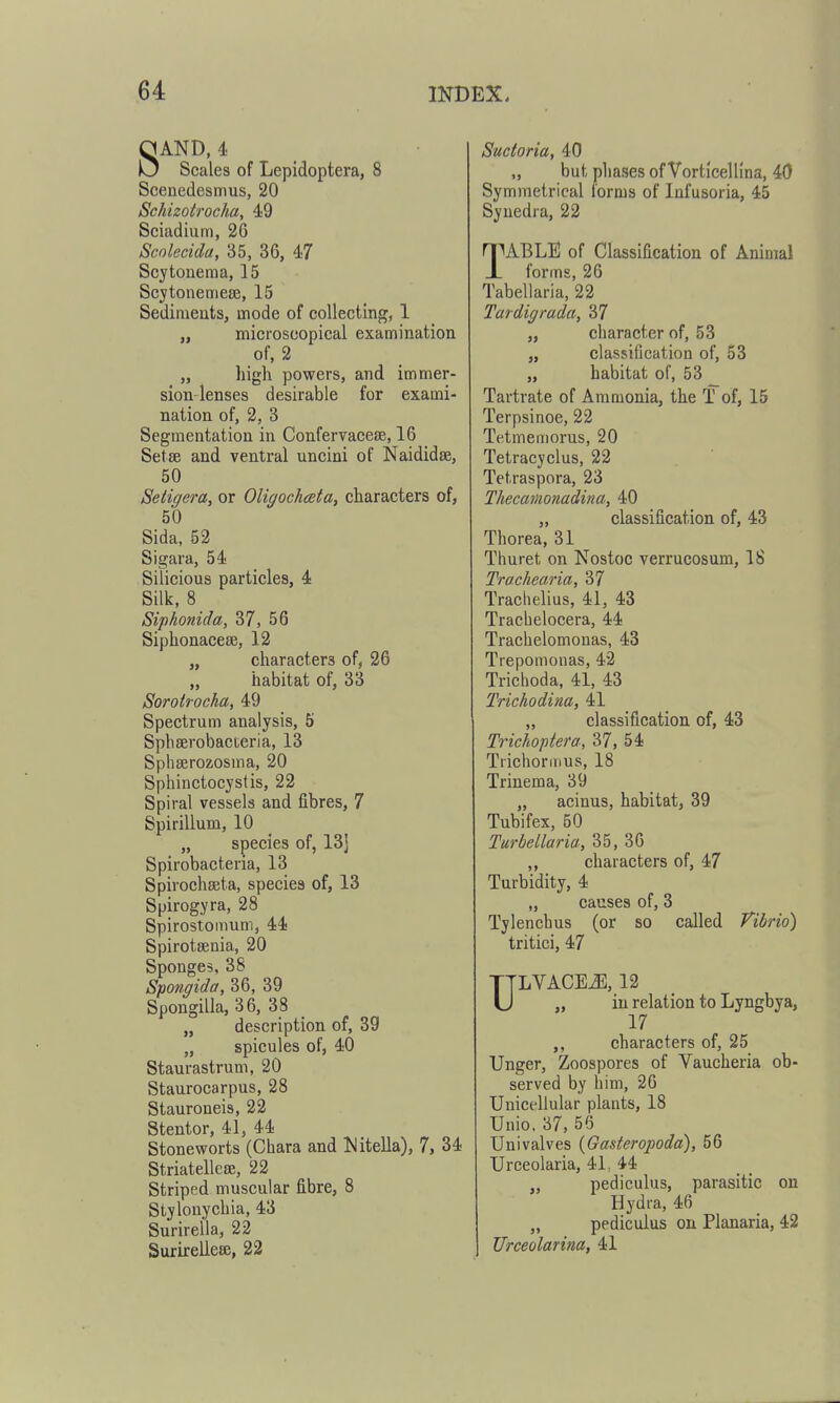 SAND, 4 Scales of Lepidoptera, 8 Scenedesmus, 20 ScJiizotrocha, 49 Sciadium, 2G Scolecida, 35, 36, 47 Scytoueraa, 15 Scytonemese, 15 Sedimeuts, mode of collecting, 1 „ microscopical examination of, 2 „ high powers, and immer- sion-lenses desirable for exami- nation of, 2, 3 Segmentation in Confervacese, 16 Setae and ventral uncini of Naididse, 50 Setigera, or Oligochceta, characters of, 50 Sida. 52 Si gar a, 54 Silicious particles, 4 Silk, 8 Siphonida, 37, 56 Siphonacese, 12 „ characters of, 26 „ habitat of, 33 Sorotrocha, 49 Spectrum analysis, 5 Spheerobacteria, 13 Sphgerozosma, 20 Sphinctocystis, 22 Spiral vessels and fibres, 7 Spirillum, 10 „ species of, 13J Spirobacteria, 13 Spirochajta, species of, 13 Spirogyra, 28 Spirostomum, 44 Spirotsenia, 20 Sponges, 38 Spongida, 36, 39 Spongilla, 36, 38 „ description of, 39 „ spicules of, 40 Staurastrum, 20 Staurocarpus, 28 Stauroneis, 22 Stentor, 41, 44 Stoneworts (Chara and Nitella), 7, 34 StriatellcEe, 22 Striped muscular fibre, 8 Stylonychia, 43 Surireila, 22 Surirelleee, 22 Sudoria, 40 „ but phases of Vorticellina, 40 Symmetrical forms of Infusoria, 45 Syuedra, 22 1^ABLIl of Classification of Animal forms, 26 Tabellaria, 22 Tardigrada, 37 „ character of, 53 „ classification of, 53 „ habitat of, 53 Tartrate of Ammonia, the T of, 15 Terpsinoe, 22 Tetmemorus, 20 Tetracyclus, 22 Tetraspora, 23 Thecamonadina, 40 „ classification of, 43 Thorea, 31 Thuret on Nostoc verrucosum, 18 Trachearia, 37 Traclielius, 41, 43 Trachelocera, 44 Trachelomonas, 43 Trepomonas, 42 Trichoda, 41, 43 Trichodina, 41 „ classification of, 43 Trichoptera, 37, 54 Trichonnus, 18 Trinema, 39 „ acinus, habitat, 39 Tubifex, 50 Turbellaria, 35, 36 ,, characters of, 47 Turbidity, 4 „ causes of, 3 Tylenchus (or so called Vibrio) tritici, 47 ULVACE^, 12 „ in relation to Lyngbya, 17 ,, characters of, 25 Unger, Zoospores of Vaucheria ob- served by him, 26 UnicfUular plants, 18 Unio. 37, 56 Univalves {Gasteropoda), 56 Urceolaria, 4L 44 „ pediculus, parasitic on Hydra, 46 „ pediculus on Planaria, 42 Urceolarim, 41