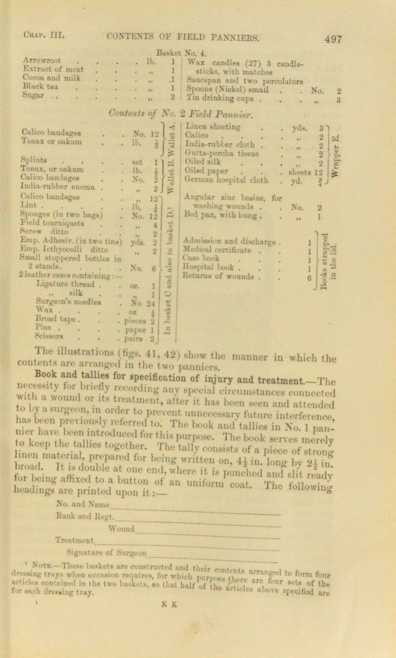 Arrowroot Extract of meat Cocoa and milk Black tea Sugar Calico bandages Tenax or oakum CONTENTS OF FIELD PANNIERS. Basket No. 4, lb. 1 Wax candles (27) 3 candle- •i 1 sticks, with matches „ .1 Saucepan and two percolators Splints Tenax, or oakum Calico bandages India-rubber enema . Calico bandages Lint .... Sponges (in two bags) Field tourniquets Screw ditto Emp. Adhesiv. (in two tins) Kmp. Icthyocolli ditto Small stoppered 1 Kittles in 2 stands. 2 leather cases containing:— Ligature thread . •i *ilk Surgeon’s needles Wax . Broad tape, Pins . . Scissors Spoons (Nickel) small Tin drinking cups . Contents of No. 2 Field Pannier. •< ! Linen sheeting No. 12 3 I Calico lb. £ — India-rubber cloth . J «s | Gutta-percha tissue set I (xj ! Oiled sdk lb. ^ 3 ; Oiled paper No. 2 l Germau hospital cloth No. 2 3 .. 2 12 lb. ,1 No. 12 it 4 2 2 2 yds. 3d 2 .. 2 2 1” ^ I « sheets 12 i tg. yd. 3 j W G*. « yds. No. oz. : z 6 S.'S 1 .. 1 No 24 oz j pieces 2 paper l pairs 2 a j y i Angular zinc basins, for j washing wounds . | Bed pan, with bung . Admission and discharge Medical certificate . Case l)oo k Hospital book . Returns of wounds . No. 2 1 V ! £“ 1 r 1 «^ 6 •* = onnt^t illU8trati°nS 41» 42> 8how ** manner in which the contents are arranged in the two panniers. B°ok and tames for specification of injury and treatment.—The with a\vou°nd or its [t<on,nig a,‘.v sP°clal circumstances connected 8 W0Un(l or lts treatment, after it has been seen and attended o by a surgeon, in order to prevent unnecessary future interference has been previously referred to. The hook anti tallies in No 1 pan-’ nu r have been1 introduced for this purpose. The book serves merely o keep the tallies together. The tally consists of a piece of strong linen material, prepared for being written on, 44 in. lone- hv 91 for being headings are printed upon it: No. and Name ™d-. *« £ a, one ^ 2$ g aftlXed t0 ? button of an uniform coat. The following Rank and Regt. Wound Treatment Signature of Surgeon 1 Note.—These Disk eta are constructed and their ~ dressing trays when occasion requires, for which nurno*.. tl * nrranj?p(i to form four articles contained in the two baskets, so that half of the drtirl, .*”1 f°r K'U of for each dressing tray. tU* flrtlcles aLove specified are K K