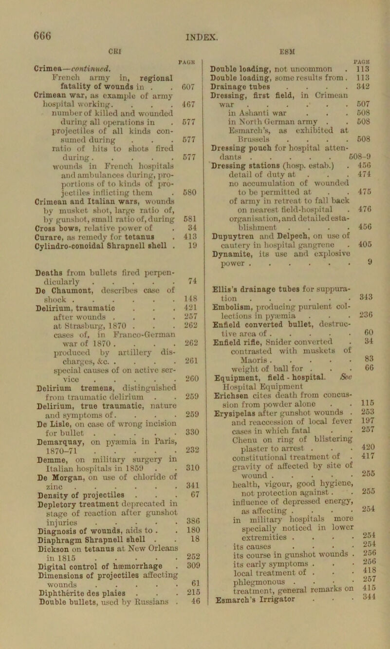 ESSl CKI PAUK C rimea—continued. French army in, regional fatality of wounds in . . 607 Crimean war, as example of army hospital working. . , . 407 number of killed and wounded during all operations in . 677 projectiles of all kinds con- sumed during . . .677 ratio of hits to shots fired during..... 677 wounds in French hospitals and ambulances during, pro- portions of to kinds of pro- jectiles inflicting them . 680 Crimean and Italian wars, wounds by musket shot, large ratio of, by gunshot, small ratio of, during 681 Cross bows, relative power of . 84 Curare, as remedy for tetanus . 413 Cylindro-conoidal Shrapnell shell . 19 Deaths from bullets fired perpen- dicularly 74 De Chaumont, describes case of shock . . . . . .148 Delirium, traumatic . . .421 after wounds .... 267 at Strasburg, 1870 . . . 262 cases of. in Franco-German war of 1870 .... 262 produced by artillery dis- charges, kc 261 special causes of on active ser- vice 260 Delirium tremens, distinguished from traumatic delirium . . 269 Delirium, true traumatic, nature and symptoms of. . . • 269 De Lisle, on case of wrong incision for bullet 330 Demarquay, on pymmia in Paris, 1870-71 . . . . . 232 Demme, on military surgery in Italian hospitals in 1859 . . 310 De Morgan, on use of chloride of zinc 341 Density of projectiles ... 67 Depletory treatment deprecated in stage of reaction after gunshot injuries . . • • 386 Diagnosis of wounds, aids to . . 180 Diaphragm Shrapnell shell . . 18 Dickson on tetanus at New Orleans in 1816 252 Digital control of haemorrhage . 309 Dimensions of projectiles affecting wounds 61 Diphtherite des plaies . . .215 Double bullets, used by Russians . 46 PAGE Double loading, not uncommon . 113 Double loading, some results from . 113 Drainage tubes .... 342 Dressing, first field, in Crimean war . . . . . . 507 in Ashanti war . . . 608 in North German army . . 508 Esmarch’s, as exhibited at Brussels .... 608 Dressing pouch for hospital atten- dants 508-9 Dressing stations (hosp. estab.) . 456 detail of duty at 474 no accumulation of wounded to be permitted at . .475 of army in retreat to fall back on nearest field-hospital . 476 organisat ion, and detailed esta- blishment .... 456 Dupuytren and Delpech, on use of cautery in hospital gangrene . 405 Dynamite, its use and explosive power 9 Ellis's drainage tubes for suppura- tion Embolism, producing purulent col- lections in pyasmia Enfield converted bullet, destruc- tive area of Enfield rifle, Snider converted contrasted with muskets of Maoris weight of ball for . Equipment, field - hospital. See Hospital Equipment Erichsen cites death from concus- sion from powder alone Erysipelas after gunshot wounds . and reaccession of local fever cases in which fatal Chenu on ring of blistering plaster to arrest . constitutional treatment of . gravity of affected by site of wound . . • • health, vigour, good hygiene, not protection against. influence of depressed energy, as affecting . in military hospitals more specially noticed in lower extremities . its causes . its course in gunshot wounds . its early symptoms . local treatment of . phlegmonous . treatment, general remarks on Esmarch’s Irrigator 343 236 60 34 83 66 115 253 197 257 420 417 255 255 254 254 254 256 256 418 257 415 344