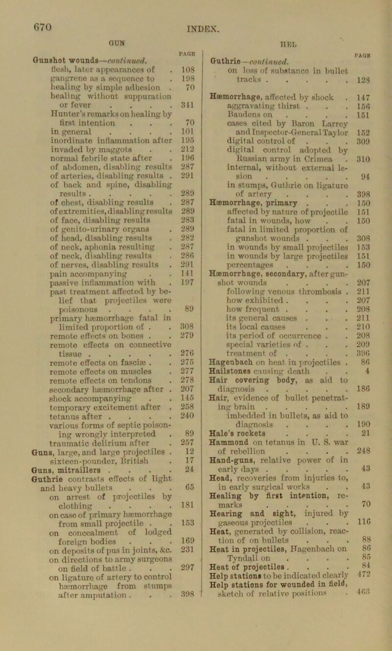 acN PAGE Gunshot wounds—continued. flesh, later appearances of . 108 gangrene as a sequence to . 198 healing by simple adhesion . 70 healing withoat suppuration or fever .... 311 Hunter’s remarks on healing by first intention . . .70 in general .... 101 inordinate inflammation after 195 invaded by maggots . . 212 normal febrile state after . 196 of abdomen, disabling results 287 of arteries, disabling results . 291 of back and spine, disabling results 289 of chest, disabling results . 287 of extremities, disabling results 289 of face, disabling results 283 of genito-urinary organs . 289 of head, disabling results . 282 of neck, aphonia resulting . 287 of neck, disabling results . 286 of nerves, disabling results . 291 pain accompanying . . 141 passive inflammation with . 197 past treatment affected by be- lief that projectiles were poisonous .... 89 primary haemorrhage fatal in limited proportion of . . 308 remote effects on bones . . 279 remote effects on connective tissue 276 remote effects on fascia; . .275 remote effects on muscles . 277 remote effects on tendons . 278 secondary hemorrhage after . 207 shock accompanying . . 145 temporary excitement after . 258 tetanus after .... 240 various forms of septic poison- ing wrongly interpreted . 89 traumatic delirium after . 257 Guns, large, and large projectiles . 12 sixteen-pounder, British . 17 Guns, mitraillers .... 24 Guthrie contrasts effects of light and heavy bullets ... 65 on arrest of projectiles by clothing . . . .181 on case of primary hiemorrhage from small projectile . . 153 on concealment of lodged foreign bodies . . .169 on deposits of pus in joints, &c. 231 on directions to army surgeons on field of battle . . . 297 on ligature of artery to control haemorrhage from stumps after amputation. . . 398 nEb Guthrie—continued. on loss of substance in bullet tracks Haemorrhage, affected by shock aggravating thirst . Baudens on ... cases cited by Baron Larrey and Inspector-General Taylor digital control of . digital control adopted by ltussian army in Crimea internal, without external le- sion in stumps, Guthrie on ligature of artery . . . . Haemorrhage, primary . affected by nal ure of project ile fatal in wounds, how fatal in limited proportion of gunshot wounds . in wounds by small projectiles in wounds by large projectiles percentages . . . . Haemorrhage, secondary, after gun- shot wounds .... following venous thrombosis . how exhibited .... how frequent .... its general causes . . - its local causes its period of occurrence . special varieties of . treatment of . Hageubach on heat in projectiles . Hailstones causing death Hair covering body, as aid to diagnosis Hair, evidence of bullet penetrat- ing brain imbedded in bullets, as aid to diagnosis . Hale’s rockets . . . . Hammond on tetanus in U. S. war of rebellion . . . . Hand-guns, relative power of in early days Head, recoveries from injuries to, in early surgical works Healing by first intention, re- marks Hearing and sight, injured by gaseous projectiles Heat, generated by collision, reac- tion of on bullets Heat in projectiles, ITagenbach on Tyndall on ... Heat of projectiles . Help stations to be indicated clearly Help stations for wounded in field, sketch of relative positions PAGE 128 147 156 151 152 309 310 94 398 150 151 150 308 153 151 150 207 211 207 208 211 210 208 209 396 86 4 186 189 190 21 248 43 43 70 116 88 86 85 84 472 463