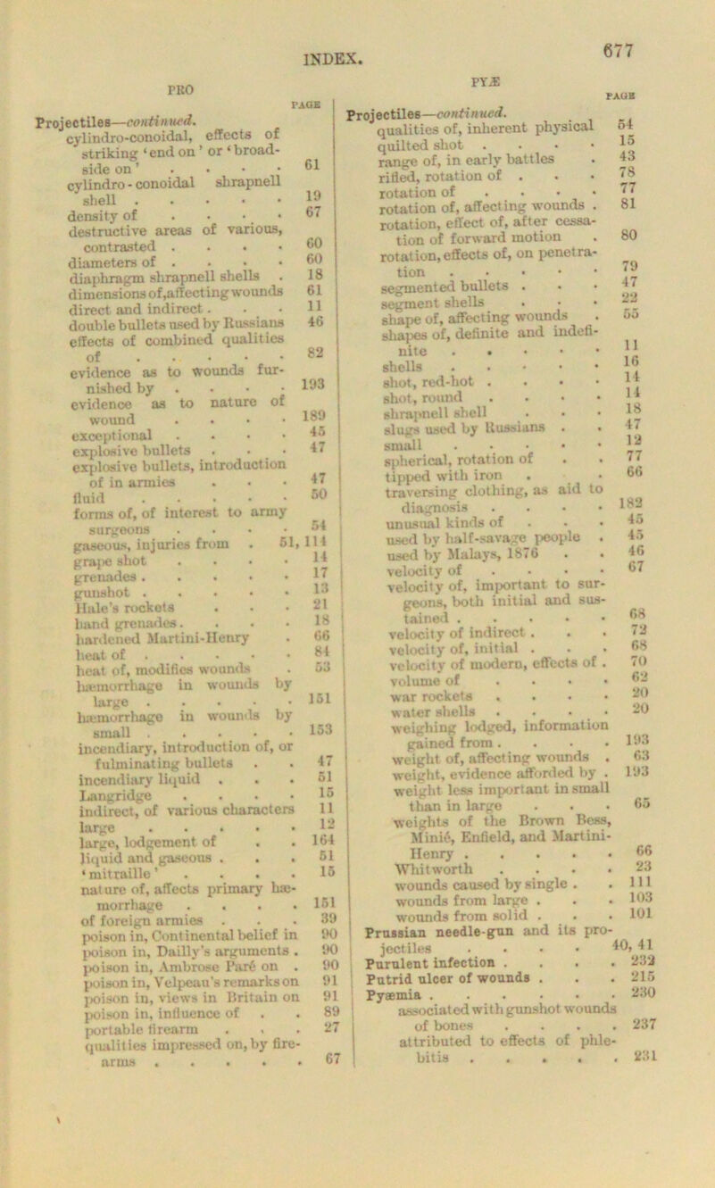 FRO PYjE PAGE 51 Projectiles—continued. cylindro-conoidal, effects of striking ‘end.on ’ or ‘broad- side on ’ cylindro-conoidal shrapnell shell density of . • • destructive areas of various, contrasted .... diameters of . diaphragm shrapnell shells dimensions of,affect ing wounds direct and indirect. double bullets used by Russians effects of combined qualities of evidence as to wounds fur- nished by ... evidence as to nature of wound .... exceptional .... explosive bullets . • • explosive bullets, introduction of in armies fluid forms of, of interest to army surgeons gaseous, injuries from gra}>e shot grenades. . . • gunshot .... Hale’s rockots hand grenades. hardened Martini-Henry heat of heat of, modifies wounds Inemorrhage in wounds large .... Iuemorrhage in woumls small . . . incendiary, introduction of, or fulminating bullets incendiary liquid Langridge .... indirect, of various characters large ..... large, lodgement of liquid and gaseous . ‘mitraille’ . nature of, affects primary he- morrhage . of foreign armies poison in, Continental belief in poison in, Dailly's arguments . poison in, Ambrose Part on . poison in, Velpeau's remarks on jtoison in, views in Britain on poison in, influence of portable firearm qualities impressed on, by fire- arms . . . . PAGE by by aid t Projectiles—continued. qualities of, inherent physical quilted shot .... 61 range of, in early battles rifled, rotation of . 19 rotation of 67 rotation of, affecting wounds rotation, effect of, after cessa- 60 tion of forward motion 60 rotation, effects of, on penetra 18 tion . • 61 j segmented bullets . 11 | segment shells 46 ! shape of, affecting wounds shapes of, definite and indefi 82 nite . • shells . 193 shot, red-hot . shot, round 189 ! shrapnell shell 45 I slugs used by Uussians . 47 small .... spherical, rotation of 47 i tipped with iron 50 | traversing clothing, as diagnosis 54 unusual kinds of ,114 used by half -savage people 14 used by Malays, 1876 17 I velocity of 13 1 velocity of, important to su 21 i geons, both initial and su 18 1 tained . 66 | velocity of indirect . 84 \ velocity of, initial . 53 j velocity of modern, effects o volume of . • • 151 j war rockets w ater shells . . . 153 weighing lodged, informati gained from . 47 j weight of, affecting wounds 51 j weight, evidence afforded by 15 j weight less important in sma 11 i than in large 12 weights of the Brown Be 164 Minrt, Enfield, and Marti 61 Henry . 15 Whitworth wounds caused by single 151 wounds from large . 39 wounds from solid . 90 Prussian needle-gun and its p 90 | jectiles 90 Purulent infection . 91 Putrid nicer of wounds 91 Pyaemia . 89 associated with gunshot wounds 27 of bones . attributed to effects of phle- 67 bitis 54 15 43 78 77 81 80 79 47 22 55 11 16 14 14 18 47 12 77 66 182 45 45 46 67 68 72 68 70 62 20 20 193 63 193 65 66 23 111 103 101 40, 41 . 232 . 215 230 237 231