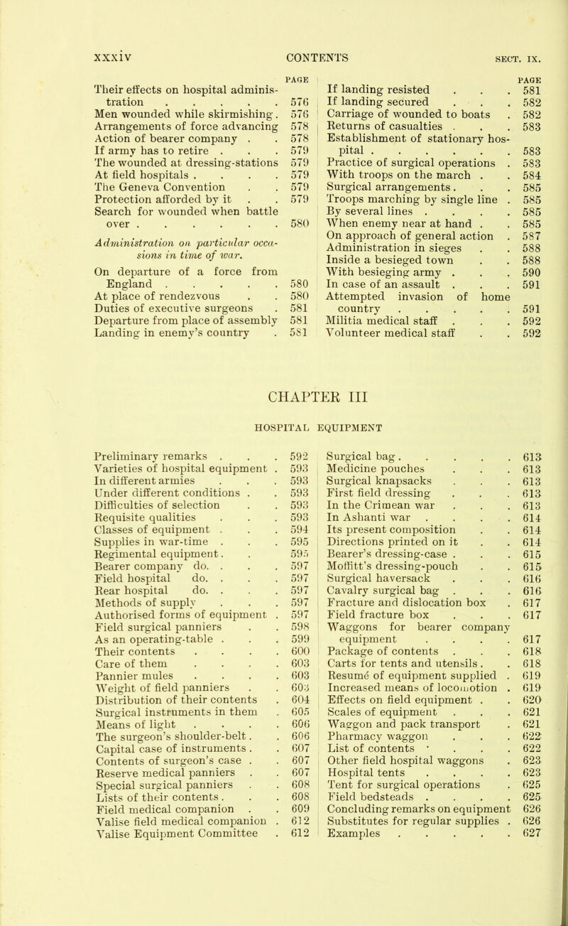 Their effects on hospital adminis- PAGE 1 If landing resisted PAGE 581 tration ..... 576 If landing secured . 582 Men wounded while skirmishing. 576 Carriage of wounded to boats 582 Arrangements of force advancing 578 Returns of casualties . 583 Action of bearer company . 578 Establishment of stationary hos- If army has to retire . 579 pital 583 The wounded at dressing-stations 579 Practice of surgical operations . 583 At field hospitals .... 579 With troops on the march . 584 The Geneva Convention 579 Surgical arrangements. 585 Protection afforded by it 579 Troops marching by single line . 585 Search for wounded when battle By several lines .... 585 over 580 1 When enemy near at hand . 585 Administration on 'particular occa- On approach of general action . Administration in sieges 587 588 sions in time of war. Inside a besieged town 588 On departure of a force from With besieging army . 590 England ..... 580 In case of an assault . 591 At place of rendezvous 580 Attempted invasion of home Duties of executive surgeons 581 country ..... 591 Departure from place of assembly Landing in enemy’s country 581 Militia medical staff 592 581 Volunteer medical staff 592 CHAPTER III HOSPITAL EQUIPMENT Preliminary remarks . 592 Surgical bag..... 613 Varieties of hospital equipment . 593 j Medicine pouches 613 In different armies 593 Surgical knapsacks 613 Under different conditions . 593 First field dressing 613 Difficulties of selection 593 In the Crimean war 613 Requisite qualities 593 In Ashanti war . . . . 614 Classes of equipment . 594 Its present composition 614 Supplies in war-time . 595 Directions printed on it 614 Regimental equipment. 595 Bearer’s dressing-case . 615 Bearer company do. . 597 Moffitt’s dressing-pouch 615 Field hospital do. . 597 Surgical haversack 616 Rear hospital do. . 597 Cavalry surgical bag 616 Methods of supply 597 Fracture and dislocation box 617 Authorised forms of equipment . 597 Field fracture box 617 Field surgical panniers 598 Waggons for bearer company As an operating-table . 599 equipment .... 617 Their contents .... 600 Package of contents 618 Care of them .... 603 Carts for tents and utensils . 618 Pannier mules .... 603 Resume of equipment supplied . 619 Weight of field panniers 603 Increased means of locomotion . 619 Distribution of their contents 604 Effects on field equipment . 620 Surgical instruments in them 605 Scales of equipment 621 Means of light .... The surgeon’s shoulder-belt. 606 Waggon and pack transport 621 606 Pharmacy waggon 622’ Capital case of instruments . 607 List of contents • 622 Contents of surgeon’s case . 607 Other field hospital waggons 623 Reserve medical panniers 607 Hospital tents .... 623 Special surgical panniers 608 Tent for surgical operations 625 Lists of their contents . 608 Field bedsteads .... 625 Field medical companion . 609 Concluding remarks on equipment 626 Valise field medical companion . 612 Substitutes for regular supplies . 626 Valise Equipment Committee 612 Examples . . . . . 627