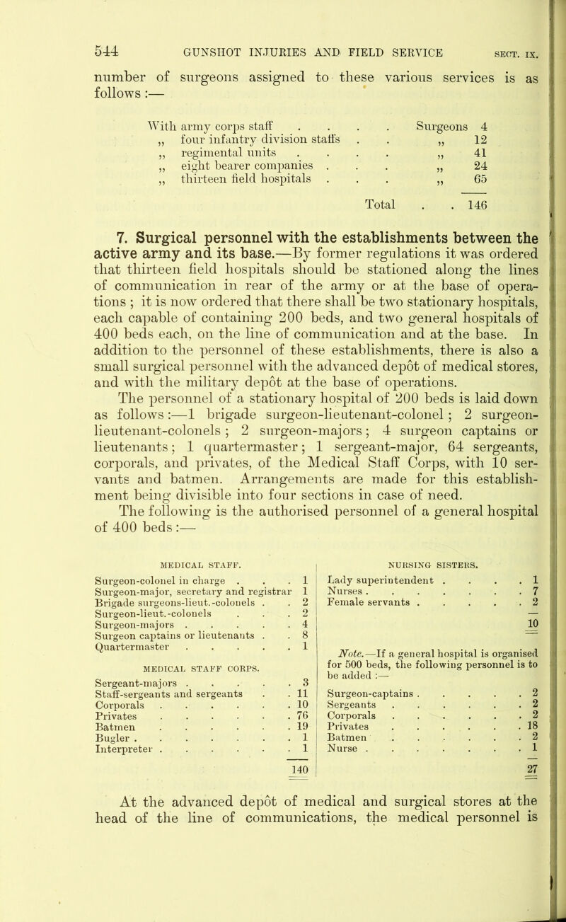 SECT. IX. number of surgeons assigned to these various services is as i follows :— I With army corps staff .... „ four infantry division staffs „ regimental units .... „ eight bearer companies . „ thirteen field hospitals . Total 7. Surgical personnel with the establishments between the i active army and its base.—By former regulations it was ordered that thirteen field hospitals should be stationed along the lines of communication in rear of the army or at the base of opera- i tions ; it is now ordered that there shall be two stationary hospitals, | each capable of containing 200 beds, and two general hospitals of 400 beds each, on the line of communication and at the base. In addition to the personnel of these establishments, there is also a small surgical personnel with the advanced depot of medical stores, J and wfith the military depot at the base of operations. The personnel of a stationary hospital of 200 beds is laid down as follows :—1 brigade surgeon-lieutenant-colonel ; 2 surgeon- lieutenant-colonels ; 2 surgeon-majors; 4 surgeon captains or lieutenants; 1 quartermaster; 1 sergeant-major, 64 sergeants, corporals, and privates, of the Medical Staff Corps, with 10 ser- | vants and batmen. Arrangements are made for this establish- ment being divisible into four sections in case of need. The following is the authorised personnel of a general hospital of 400 beds :— NURSING SISTERS. Lady superintendent . . . .1 Nurses ....... 7 Female servants 2 10 Note.—If a general hospital is organised j for 500 beds, the following personnel is to be added :— Surgeon-captains . . . . .2 Sergeants ...... 2 Corporals . . . . . .2-1 Privates 18 Batmen . . . . . .21 Nurse ....... 1 27 i 1 i At the advanced depot of medical and surgical stores at the head of the line of communications, the medical personnel is MEDICAL STAFF. Surgeon-colonel in charge . . 1 Surgeon-major, secretary and registrar 1 Brigade surgeons-lieut.-colonels . . 2 Surgeon-lieut.-colonels 2 Surgeon-majors .... ! 4 Surgeon captains or lieutenants . . 8 Quartermaster .... . 1 MEDICAL STAFF CORPS. Sergeant-majors .... . 3 Staff-sergeants and sergeants . 11 Corporals . 10 Privates . 76 Batmen . 19 Bugler • 1 Interpreter • 1 1 140 Surgeons 4 „ 12 » 41 » 24 „ 65 146