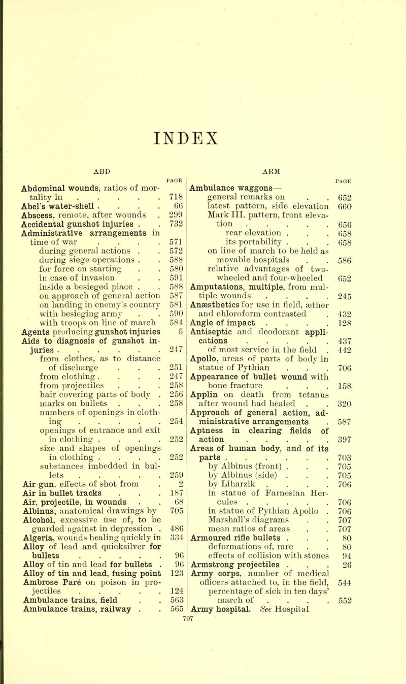 INDEX ABD PAGE Abdominal wounds, ratios of mor- tality in 718 Abel’s water-shell .... 66 Abscess, remote, after wounds . 299 Accidental gunshot injuries . . 732 Administrative arrangements in time of war .... 571 during general actions . .572 during siege operations . . 588 for force on starting . . 580 in case of invasion . . 591 inside a besieged place . . 588 on approach of general action 587 on landing in enemy’s country 581 with besieging army . . 590 with troops on line of march 584 Agents producing gunshot injuries 5 Aids to diagnosis of gunshot in- juries 247 from clothes, as to distance of discharge . . . 251 from clothing .... 247 from projectiles . . . 258 hair covering parts of body . 256 marks on bullets . . . 258 numbers of openings in cloth- ing 254 openings of entrance and exit in clothing .... 252 size and shapes of openings in clothing .... 252 substances imbedded in bul- lets 259 Air-gun, effects of shot from . 2 Air in bullet tracks . . .187 Air, projectile, in wounds . . 68 Albinus, anatomical drawings by 705 Alcohol, excessive use of, to be guarded against in depression . 486 Algeria, wounds healing quickly in 334 Alloy of lead and quicksilver for bullets 96 Alloy of tin and lead for bullets . 96 Alloy of tin and lead, fusing point 123 Ambrose Pare on poison in pro- jectiles 124 Ambulance trains, field . . 563 Ambulance trains, railway . . 565 ARM PAGE Ambulance waggons— general remarks on . . 652 latest pattern, side elevation 660 Mark III. pattern, front eleva- tion 656 rear elevation . . . 658 its portability . . . 658 on line of march to be held as movable hospitals . . 586 relative advantages of two- wheeled and four-wheeled 652 Amputations, multiple, from mul- tiple wounds .... 245 Anaesthetics for use in field, aether and chloroform contrasted . 432 Angle of impact .... 128 Antiseptic and deodorant appli- cations 437 of most service in the field . 442 Apollo, areas of parts of body in statue of Pythian . . . 706 Appearance of bullet wound with bone fracture . . . 158 Applin on death from tetanus after wound had healed . . 320 Approach of general action, ad- ministrative arrangements . 587 Aptness in clearing fields of action 397 Areas of human body, and of its parts 703 by Albinus (front) . . . 705 by Albinus (side) . . . 705 by Liharzik .... 706 in statue of Farnesian Her- cules 706 in statue of Pythian Apollo . 706 Marshall’s diagrams . . 707 mean ratios of areas . . 707 Armoured rifle bullets ... 80 deformations of, rare . . 80 effects of collision with stones 94 Armstrong projectiles ... 26 Army corps, number of medical officers attached to, in the field, 544 percentage of sick in ten days’ march of ... 552 Army hospital. See Hospital