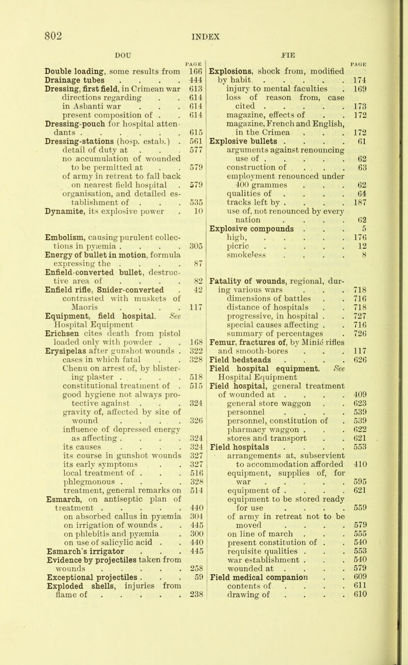 DOU Double loading, some results from Drainage tubes .... Dressing, first field, in Crimean war directions regarding in Ashanti war present composition of . Dressing-pouch for hospital atten- dants Dressing-stations (hosp. estab.) . detail of duty at no accumulation of wounded to be permitted at of army in retreat to fall back on nearest field hospital organisation, and detailed es- tablishment of Dynamite, its explosive power Embolism, causing purulent collec- tions in pyaemia .... Energy of bullet in motion, formula expressing the .... Enfield-converted bullet, destruc- tive area of ... Enfield rifle, Snider-converted contrasted with muskets of Maoris .... Equipment, field hospital. See Hospital Equipment Erichsen cites death from pistol loaded only with powder . Erysipelas after gunshot wounds . cases in which fatal Chenu on arrest of, by blister- ing plaster .... constitutional treatment of . good hygiene not always pro- tective against gravity of, affected by site of wound .... influence of depressed energy as affecting .... its causes .... its course in gunshot wounds its early symptoms local treatment of . phlegmonous . . . . treatment, general remarks on Esmarch, on antiseptic plan of treatment on absorbed callus in pyaemia on irrigation of wounds . on phlebitis and pyaemia on use of salicylic acid . Esmarch’s irrigator Evidence by projectiles taken from wounds . Exceptional projectiles . Exploded shells, injuries from flame of Explosions, shock from, modified by habit 174 injury to mental faculties . 169 loss of reason from, case cited . . . . . 173 magazine, effects of . . 172 magazine, French and English, in the Crimea . . . 172 Explosive bullets . . . . 61 arguments against renouncing use of 62 construction of . . .63 employment renounced under 400 grammes ... 62 qualities of . . .64 tracks left by . . . .187 use of, not renounced by every nation .... 62 Explosive compounds ... 5 high, 176 picric 12 smokeless .... 8 Fatality of wounds, regional, dur- ing various wars . . . 718 dimensions of battles . . 716 distance of hospitals . . 718 progressive, in hospital . . 727 special causes affecting . .716 summary of percentages . 726 Femur, fractures of, by Minie rifles and smooth-bores . . .117 Field bedsteads .... 626 Field hospital equipment. See Hospital Equipment Field hospital, general treatment of wounded at . . . . 409 general store waggon . . 623 personnel .... 539 personnel, constitution of . 539 pharmacy waggon . . . 622 stores and transport . . 621 Field hospitals .... 553 arrangements at, subservient to accommodation afforded 410 equipment, supplies of, for war 595 equipment of . . . . 621 equipment to be stored ready for use .... 559 of army in retreat not to be moved . 579 on line of march . 555 present constitution of . . 540 requisite qualities . . 553 war establishment . . 540 wounded at . 579 d medical companion . 609 contents of . 611 drawing of . 610 PAGE 166 444 613 614 614 614 615 561 577 579 579 535 10 305 87 82 42 117 168 322 328 518 515 324 326 324 324 327 327 516 328 514 440 304 445 300 440 445 258 59 238