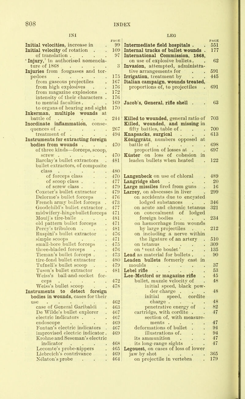 IN I Initial velocities, increase in Initial velocity of rotation . of translation .... ‘Injury,’ in authorised nomencla- ture of 1868 .... Injuries from fougasses and tor- pedoes . ... . from gaseous projectiles from high explosives from magazine explosions intensity of their characters . to mental faculties . to organs of hearing and sight Inkerman, multiple wounds at battle of Inordinate inflammation, conse- quences of treatment of . Instruments for extracting foreign bodies from wounds . of three kinds—forceps, scoop, screw Barclay’s bullet extractors bullet extractors, of composite class ..... of forceps class of scoop class . of screw class . Coxeter’s bullet extractor Delorme’s bullet forceps French army bullet forceps . Goodchild’s bullet extractor . midwifery-hingebullet forceps Mouij's tire-balle . old pattern bullet forceps Percy’s tribulcon Ruspini’s bullet extractor simple scoops small-bore bullet forceps three-bladed forceps Tieman’s bullet forceps . tire-fond bullet extractor Tufnell’s bullet scoop Tuson’s bullet extractor Weiss’s ball-and-socket for- ceps ..... Weiss’s bullet scoop Instruments to detect foreign bodies in wounds, cases for their use ...... case of General Garibaldi De Wilde’s bullet explorer electric indicators . endoscope . . . . Fontan’s electric indicators . improvised electric indicator. Krohne and Seseman’s electric indicator . . . . Lecomte’s probe-nippers Liebreich’s contrivance Nelaton’s probe . LEG PAGE Intermediate field hospitals . .551 Internal tracks of bullet wounds . 177 International Commission, 1868, on use of explosive bullets. . 62 Invasion, attempted, administra- tive arrangements for . . 591 Irrigation, treatment by . . 445 Italian campaign, wounds treated, proportions of, to projectiles . 691 Jacob’s, General, rifle shell . . 63 1 Killed to wounded, general ratio of 703 Killed, wounded, and missing in fifty battles, table of . . . 700 Knapsacks, surgical . . . 613 Koniggratz, numbers opposed at battle of . . . 698 proportion of losses at . . 697 Kiister on loss of cohesion in leaden bullets when heated . 122 Langenbeck on use of chloral . 489 Langridge shot . 20 Large missiles fired from guns . 16 Larrey, on abscesses in liver . 299 on accidents due to encysted lodged substances . . 346 on acute and chronic tetanus 321 on concealment of lodged foreign bodies . . . 234 on haemorrhage from wounds by large projectiles . .212 on including a nerve within the ligature of an artery . 510 on tetanus .... 309 on * vent de boulet ’ . . 135 Lead as material for bullets . . 90 Leaden bullets formerly cast in moulds 37 Lebel rifle 53 Lee-Metford or magazine rifle . 45 bullet, muzzle velocity of . 48 initial speed, black pow- der charge ... 48 initial speed, cordite charge .... 48 penetrative energy of . 82 cartridge, with cordite . . 47 section of, with measure- ments .... 47 deformations of bullet . . 94 illustrations of. . . 94 its ammunition ... 47 . its long-range sights . . 47 Legouest, on cases of loss of lower jaw by shot .... 365 on projectile in vertebra . 179 PAGE 99 109 97 3 175 167 176 172 176 169 170 244 267 494 470 470 481 480 470 477 479 479 476 473 477 471 481 471 481 476 471 475 476 473 480 479 481 472 478 462 463 467 467 469 467 469 468 465 469 464