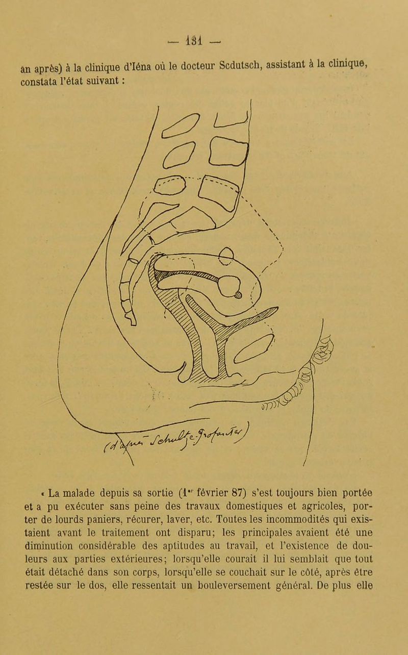 an après) à la clinique d’Iéna où le docteur Scdutsch, assistant à la clinique, constata l’état suivant : « La malade depuis sa sortie (l*r février 87) s’est toujours bien portée et a pu exécuter sans peine des travaux domestiques et agricoles, por- ter de lourds paniers, récurer, laver, etc. Toutes les incommodités qui exis- taient avant le traitement ont disparu; les principales avaient été une diminution considérable des aptitudes au travail, et l’existence de dou- leurs aux parties extérieures; lorsqu’elle courait il lui semblait que tout était détaché dans son corps, lorsqu’elle se couchait sur le côté, après être restée sur le dos, elle ressentait un bouleversement général. De plus elle