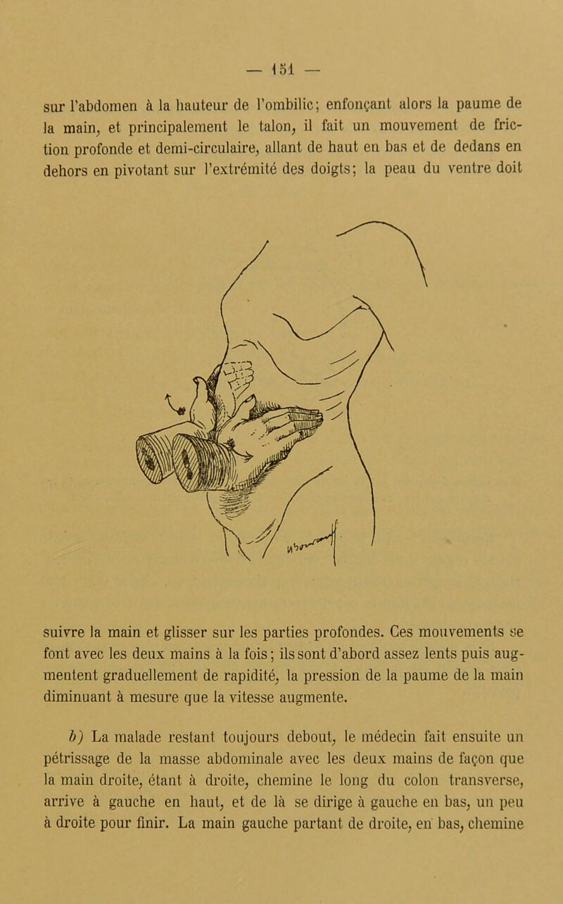 sur l’abdomen à la hauteur de l’ombilic; enfonçant alors la paume de la main, et principalement le talon, il fait un mouvement de fric- tion profonde et demi-circulaire, allant de haut en bas et de dedans en dehors en pivotant sur l’extrémité des doigts; la peau du ventre doit suivre la main et glisser sur les parties profondes. Ces mouvements se font avec les deux mains à la fois; ils sont d’abord assez lents puis aug- mentent graduellement de rapidité, la pression de la paume de la main diminuant à mesure que la vitesse augmente. b) La malade restant toujours debout, le médecin fait ensuite un pétrissage de la masse abdominale avec les deux mains de façon que la main droite, étant à droite, chemine le long du colon transverse, arrive à gauche en haut, et de là se dirige à gauche en bas, un peu à droite pour finir. La main gauche partant de droite, en bas, chemine