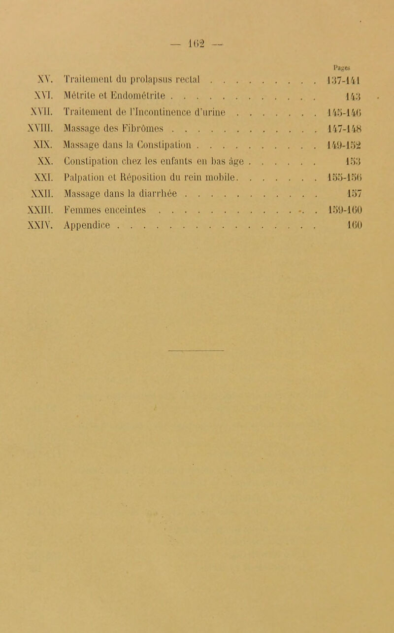 XV. Traitement du prolapsus rectal 137.141 XYJ. Mélrile et Endométrite 143 XVII. Traitement de l’Incontinence d’urine 145-140 XVIII. Massage des Fibromes 147-148 XIX. Massage dans la Constipation 149-152 XX. Constipation chez les enfants en bas âge 153 XXI. Palpation et Réposition du rein mobile 155-155 XXII. Massage dans la diarrhée 157 XXIIl. Femmes enceintes . 159-160 XXIV. Appendice 16Ü