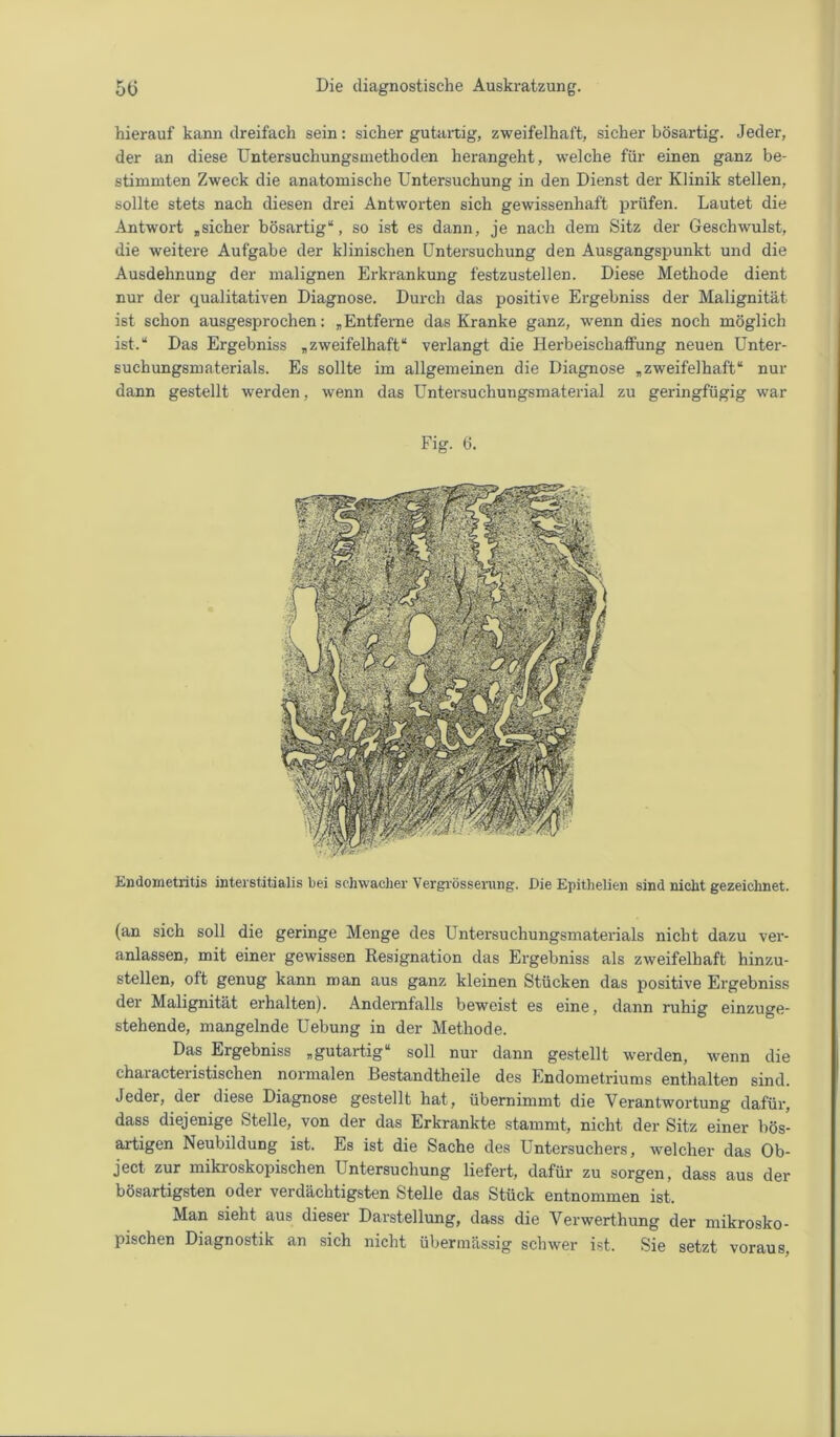 hierauf kann dreifach sein: sicher gutai'tig, zweifelhaft, sicher bösartig. Jeder, der an diese Untersuchungsmethoden herangeht, welche für einen ganz be- stimmten Zweck die anatomische Untersuchung in den Dienst der Klinik stellen, sollte stets nach diesen drei Antworten sich gewissenhaft prüfen. Lautet die Antwort „sicher bösartig“, so ist es dann, je nach dem Sitz der Geschwulst, die weitere Aufgabe der klinischen Untersuchung den Ausgangspunkt und die Ausdehnung der malignen Erkrankung festzustellen. Diese Methode dient nur der qualitativen Diagnose. Durch das positive Ergebniss der Malignität ist schon ausgesprochen: „Entferne das Kranke ganz, wenn dies noch möglich ist.“ Das Ergebniss „zweifelhaft“ verlangt die Herbeischaffung neuen Unter- suchungsmaterials. Es sollte im allgemeinen die Diagnose „zweifelhaft“ nur dann gestellt werden, wenn das Untersuchungsmaterial zu geringfügig war Fig. 6. Endometritis interstitialis bei schwacher Vergrösserung. Die Epitlielien sind nicht gezeichnet. (an sich soll die geringe Menge des Untersuchungsmaterials nicht dazu ver- anlassen, mit einer gewissen Resignation das Ergebniss als zweifelhaft hinzu- stellen, oft genug kann man aus ganz kleinen Stücken das positive Ergebniss der Malignität erhalten). Andernfalls beweist es eine, dann ruhig einzuge- stehende, mangelnde Uebung in der Methode. Das Ergebniss „gutartig“ soll nur dann gestellt werden, wenn die characteristischen normalen Bestandtheile des Endometriums enthalten sind. Jeder, der diese Diagnose gestellt hat, übernimmt die Verantwortung dafür, dass diejenige Stelle, von der das Erkrankte stammt, nicht der Sitz einer bös- artigen Neubildung ist. Es ist die Sache des Untersuchers, welcher das Ob- ject zur mikroskopischen Lntersuchung liefert, dafür zu sorgen, dass aus der bösartigsten oder verdächtigsten Stelle das Stück entnommen ist. Man sieht aus dieser Darstellung, dass die Verwerthung der mikrosko- pischen Diagnostik an sich nicht übermässig schwer ist. Sie setzt voraus