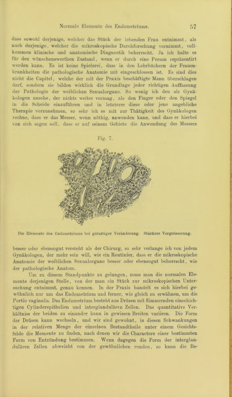dass sowohl derjenige, welcher das Stück der lebenden Frau entnimmt, als auch derjenige, welcher die mikroskopische Durchforschung vornimmt, voll- kommen klinische und anatomische Diagnostik beherrscht. Ja ich halte es für den wünschenswerten Zustand, wenn er durch eine Person repräsentirt werden kann. Es ist keine Spielerei, dass in den Lehrbüchern der Frauen- krankheiten die pathologische Anatomie mit eingeschlossen ist. Es sind dies nicht die Capitel, welche der mit der Praxis beschäftigte Mann überschlagen darf, sondern sie bilden wirklich die Grundlage jeder richtigen Auffassung der Pathologie der weiblichen Sexualorgane. So wenig ich den als Gynä- kologen ansehe, der nichts weiter vermag, als den Finger oder den Spiegel in die Scheide einzuführen und in letzterer diese oder jene angebliche Therapie vorzunehmen, so sehr ich es mit zur Thätigkeit des Gynäkologen rechne, dass er das Messer, wenn nöthig, anwenden kann, und dass er hierbei von sich sagen soll, dass er auf seinem Gebiete die Anwendung des Messers ‘ig. i. Die Elemente des Endometriums bei gutartiger Veränderung. Stärkere Vergrösserung. besser oder ebensogut versteht als der Chirurg, so sehr verlange ich von jedem Gynäkologen, der mehr sein will, wie ein Routinier, dass er die mikroskopische Anatomie der weiblichen Sexualorgane besser oder ebensogut beherrscht, wie der pathologische Anatom. Um zu diesem Standpunkte zu gelangen, muss man die normalen Ele- mente derjenigen Stelle, von der man ein Stück zur mikroskopischen Unter- suchung entnimmt, genau kennen. In der Praxis handelt es sich hierbei ge- wöhnlich nur um das Endometrium und ferner, wie gleich zu erwähnen, um die Portio vaginalis. Das Endometrium besteht aus Drüsen mit flimmernden einschich- tigen Cylinderepithelien und interglandulären Zellen. Das quantitative Ver- hältnis der beiden zu einander kann in gewissen Breiten variiren. Die Form der Drüsen kann wechseln, und wir sind gewohnt, in diesen Schwankungen in der relativen Menge der einzelnen Bestandtheile unter einem Gesichts- felde die Momente zu finden, nach denen wir die Charactere einer bestimmten Form von Entzündung bestimmen. Wenn dagegen die Form der interglan- dulären Zellen abweicht von der gewöhnlichen runden, so kann die Be-