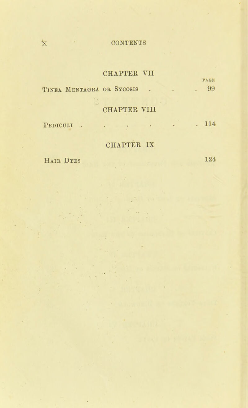 Tinea Mentagba Pediculi CHAPTER VII oe Sycosis CHAPTER VIII CHAPTER IX Haie Dyes