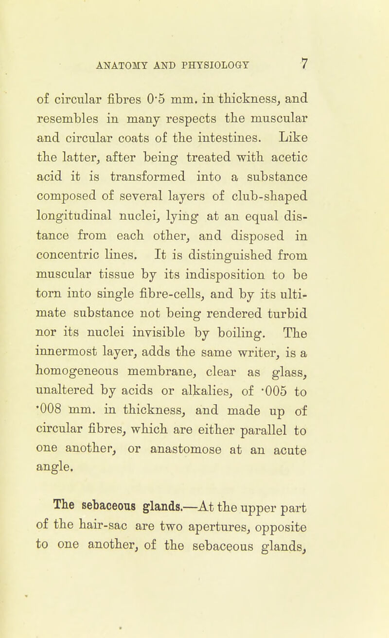 of circular fibres 0'5 mm. in thickness, and resembles in many respects the muscular and circular coats of the intestines. Like the latter, after being treated with acetic acid it is transformed into a substance composed of several layers of club-shaped longitudinal nuclei, lying at an equal dis- tance from each other, and disposed in concentric lines. It is distinguished from muscular tissue by its indisposition to be torn into single fibre-cells, and by its ulti- mate substance not being rendered turbid nor its nuclei invisible by boiling. The innermost layer, adds the same writer, is a homogeneous membrane, clear as glass, unaltered by acids or alkalies, of -005 to •008 mm. in thickness, and made up of circular fibres, which are either parallel to one another, or anastomose at an acute angle. The sebaceous glands.—At the upper part of the hair-sac are two apertures, opposite to one another, of the sebaceous glands,