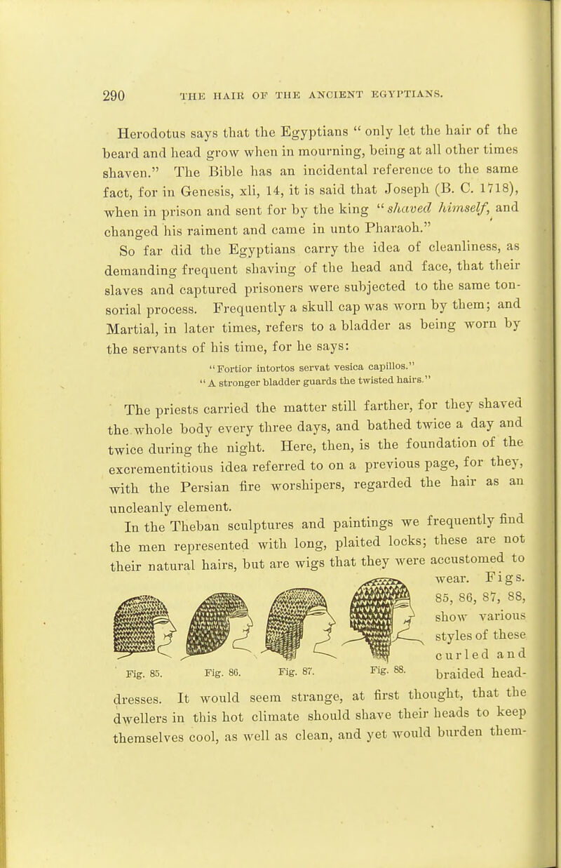 4 290 THE IIAIll OF THE ANCIENT EGYPTIANS. Herodotus says that the Egyptians  only let the hair of the beard and head grow when in mourning, being at all other times shaven. The Bible has an incidental reference to the same fact, for in Genesis, xli, 14, it is said that Joseph (B. C. 1718), when in prison and sent for by the king ''shaved himself, and changed his raiment and came in unto Pharaoh. So far did the Egyptians carry the idea of cleanliness, as demanding frequent shaving of the head and face, that tlieir slaves and captured prisoners were subjected to the same ton- sorial process. Frequently a skull cap was worn by them; and Martial, in later times, refers to a bladder as being worn by the servants of his time, for he says: Fortior intortos servat vesica capillos.  A stronger bladder guards the twisted hairs, The priests carried the matter still farther, for they shaved the.whole body every three days, and bathed twice a day and twice during the night. Here, then, is the foundation of the excrementitious idea referred to on a previous page, for they, with the Persian fire worshipers, regarded the hair as an uncleanly element. In the Theban sculptures and paintings we frequently find the men represented with long, plaited locks; these are not their natural hairs, but are wigs that they were accustomed to wear. Figs. 85, 86, 87, 88, show various styles of these curled and Fig. 85. Fig. 8G. Fig. 87. Fig. 88. braided head- dresses. It would seem strange, at first thought, that the dwellers in this hot climate should shave their heads to keep themselves cool, as well as clean, and yet would burden them-