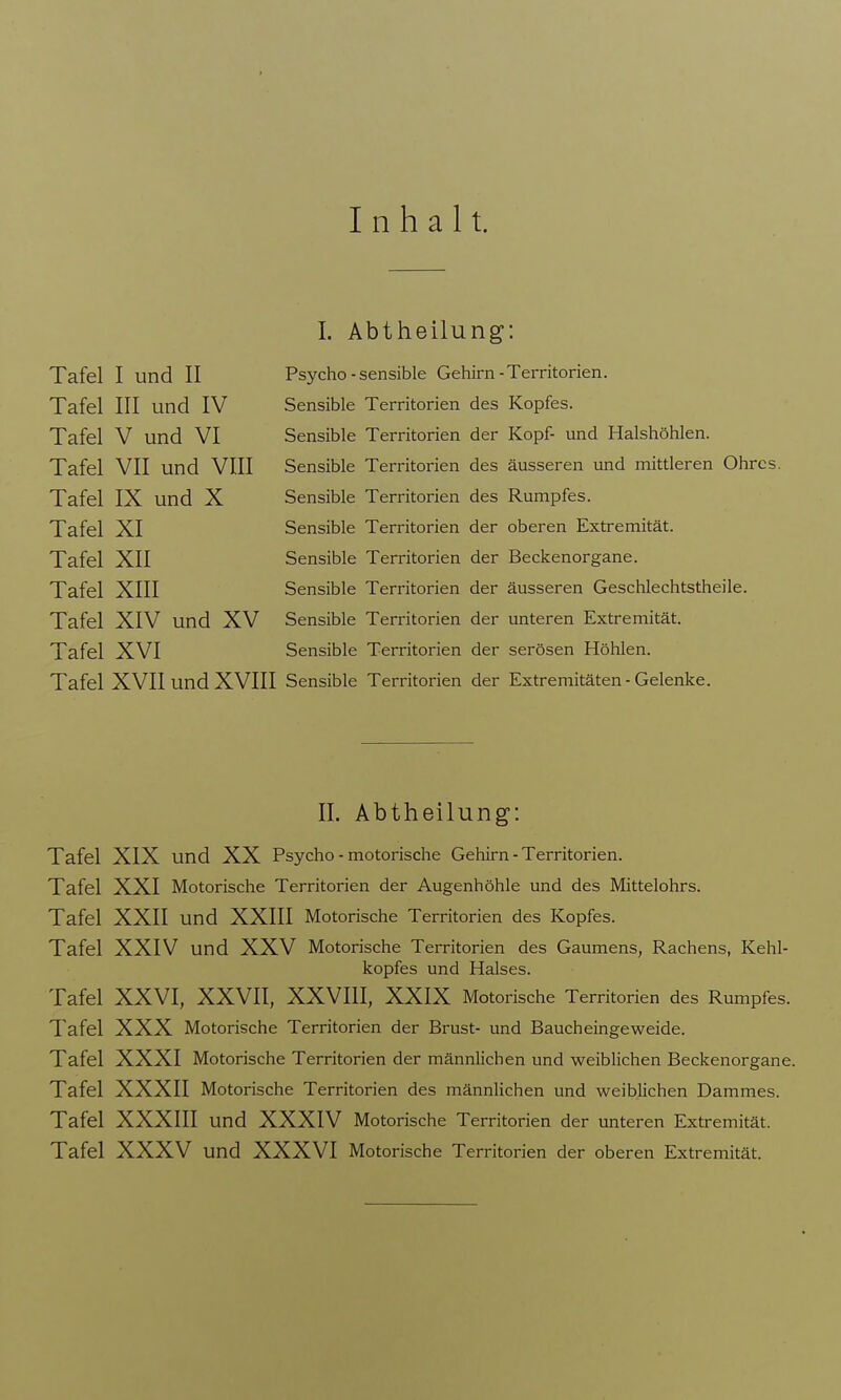 Inhalt. I. Abtheilung: Tafel I und II Tafel III und IV Tafel V und VI Tafel VII und VIII Tafel IX und X Tafel XI Tafel XII Tafel XIII Tafel XIV und XV Tafel XVI Tafel XVII und XVIII Psycho - sensible Gehirn - Territorien. Sensible Territorien des Kopfes. Sensible Territorien der Kopf- und Halshöhlen. Sensible Territorien des äusseren und mittleren Ohres. Sensible Territorien des Rumpfes. Sensible Territorien der oberen Extremität. Sensible Territorien der Beckenorgane. Sensible Territorien der äusseren Geschlechtstheile. Sensible Territorien der unteren Extremität. Sensible Territorien der serösen HöUen. Sensible Territorien der Extremitäten-Gelenke. IL Abtheilung: Tafel XIX und XX Psycho - motorische Gehirn - Territorien. Tafel XXI Motorische Territorien der Augenhöhle und des Mittelohrs. Tafel XXII und XXIII Motorische Territorien des Kopfes. Tafel XXIV und XXV Motorische Territorien des Gaumens, Rachens, Kehl- kopfes und Halses. Tafel XXVI, XXVII, XXVIII, XXIX Motorische Territorien des Rumpfes. Tafel XXX Motorische Territorien der Brust- und Baucheingeweide. Tafel XXXI Motorische Territorien der männlichen und weiblichen Beckenorgane. Tafel XXXII Motorische Territorien des männlichen und weiblichen Dammes. Tafel XXXIII und XXXIV Motorische Territorien der unteren Extremität. Tafel XXXV und XXXVI Motorische Territorien der oberen Extremität.