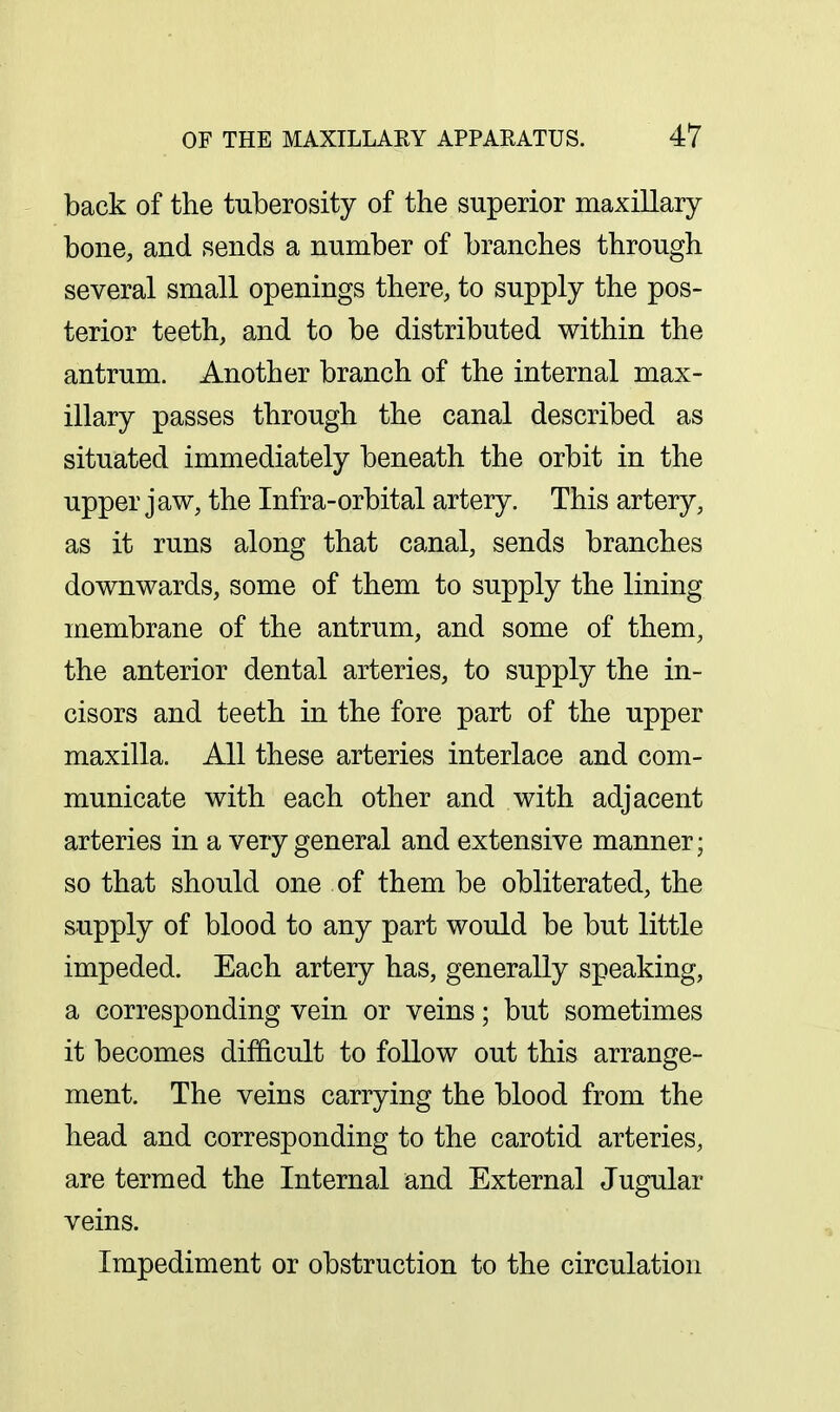 back of the tuberosity of the superior maxillary bone, and sends a number of branches through several small openings there, to supply the pos- terior teeth, and to be distributed within the antrum. Another branch of the internal max- illary passes through the canal described as situated immediately beneath the orbit in the upper jaw, the Infra-orbital artery. This artery, as it runs along that canal, sends branches downwards, some of them to supply the lining membrane of the antrum, and some of them, the anterior dental arteries, to supply the in- cisors and teeth in the fore part of the upper maxilla. All these arteries interlace and com- municate with each other and with adjacent arteries in a very general and extensive manner; so that should one of them be obliterated, the supply of blood to any part would be but little impeded. Each artery has, generally speaking, a corresponding vein or veins; but sometimes it becomes difficult to follow out this arrange- ment. The veins carrying the blood from the head and corresponding to the carotid arteries, are termed the Internal and External Jugular veins. Impediment or obstruction to the circulation