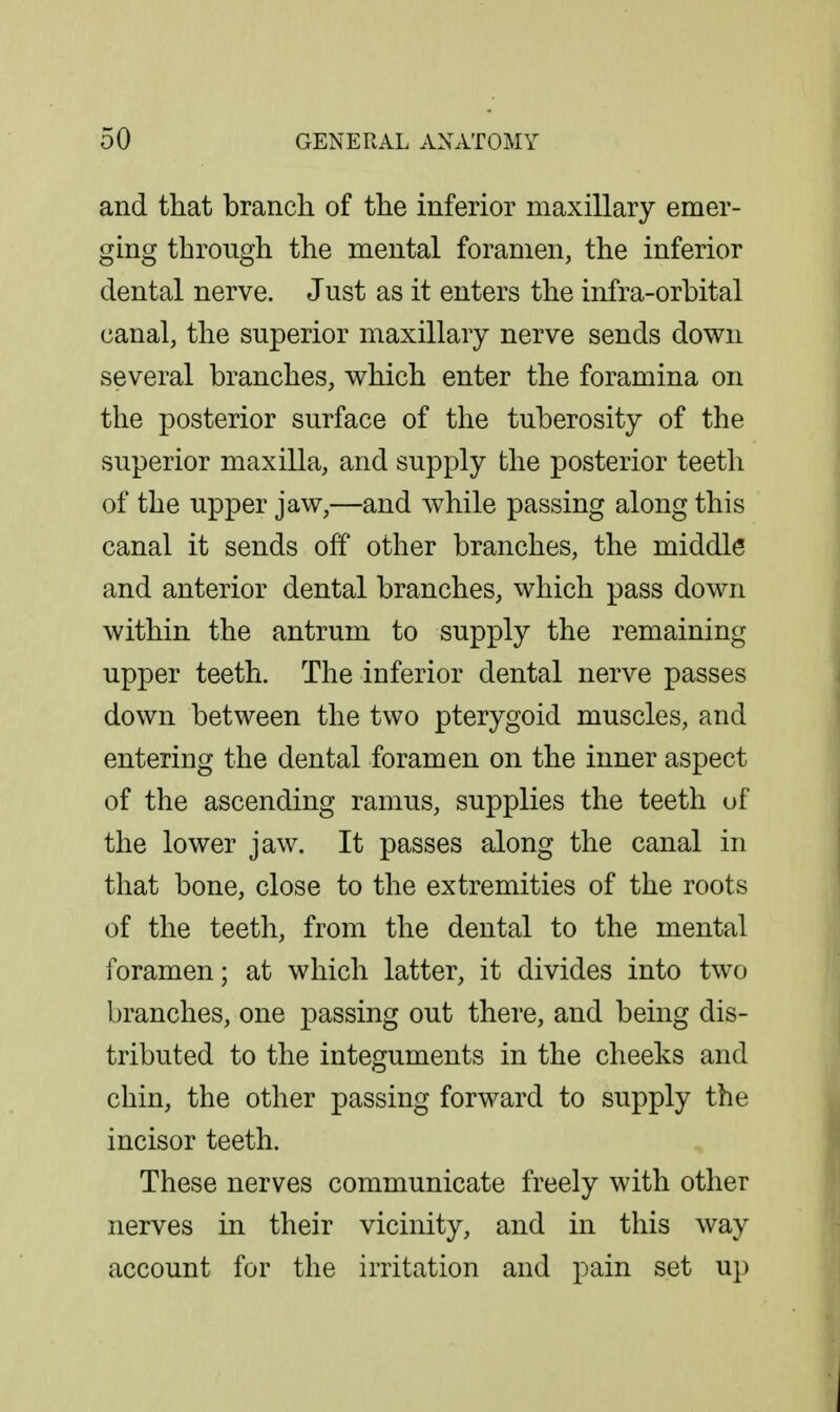 and that brancli of the inferior maxillary emer- ging through the mental foramen, the inferior dental nerve. Just as it enters the infra-orbital canal, the superior maxillary nerve sends down several branches, which enter the foramina on the posterior surface of the tuberosity of the superior maxilla, and supply the posterior teeth of the upper jaw,—and while passing along this canal it sends off other branches, the middle and anterior dental branches, which pass down within the antrum to supply the remaining upper teeth. The inferior dental nerve passes down between the two pterygoid muscles, and entering the dental foramen on the inner aspect of the ascending ramus, supplies the teeth uf the lower jaw. It passes along the canal in that bone, close to the extremities of the roots of the teeth, from the dental to the mental foramen; at which latter, it divides into two branches, one passing out there, and being dis- tributed to the integuments in the cheeks and chin, the other passing forward to supply the incisor teeth. These nerves communicate freely with other nerves in their vicinity, and in this way account for the irritation and pain set up