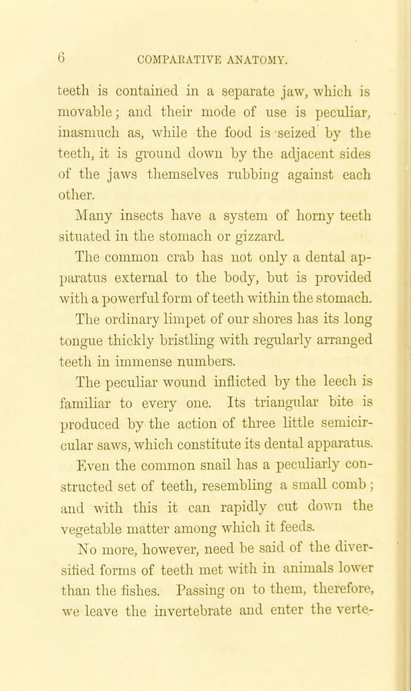 teeth is contained in a separate jaw, which is movable; and their mode of use is peculiar, inasmuch as, while the food is seized by the teeth, it is ground down by the adjacent sides of the jaws themselves rubbing against each other. Many insects have a system of horny teeth situated in the stomach or gizzard. The common crab has not only a dental ap- paratus external to the body, but is provided with a powerful form of teeth within the stomach. The ordinary limpet of our shores has its long tongue thickly bristling with regularly arranged teeth in immense numbers. The peculiar wound inflicted by the leech is familiar to every one. Its triangular bite is produced by the action of three little semicir- cular saws, which constitute its dental apparatus. Even the common snail has a pecidiarly con- structed set of teeth, resembling a small comb ; and with this it can rapidly cut down the vegetable matter among which it feeds. No more, however, need be said of the diver- sified forms of teeth met with in animals lower than the fishes. Passing on to them, therefore, we leave the invertebrate and enter the verte-