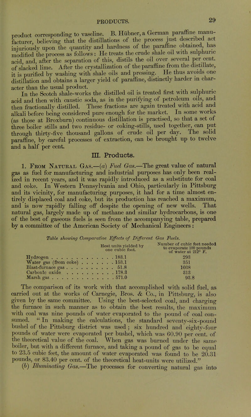product corresponding to vaseline. B. Hiibner, a German paraffine manu- facturer believing that the distillations of the process just described act iniuriously upon the quantity and hardness of the paraffine obtained has modified the process as follows : He treats the crude shale oil with sulphuric acid and, after the separation of this, distils the oil over several per cent, of slacked lime. After the crystallization of the paraffine from the distillate, it is purified by washing with shale oils and pressing. He thus avoids one distillation and obtains a larger yield of paraffine, distinctly harder m char- acter than the usual product. i i • In the Scotch shale-works the distilled oil is treated first with sulphuric acid and then with caustic soda, as in the purifying of petroleum oils, and then fractionally distilled. These fractions are again treated with acid and alkali before being considered pure enough for the market. In some works (as those at Broxburn) continuous distillation is practised, so that a set of three boiler stills and two residue- or coking-stills, used together, can put through thirty-five thousand gallons of crude oil per day. The solid paraffine, by careful processes of extraction, can be brought up to twelve and a half per cent. in. Products. 1. From Natural Gas.—(a) Fuel Gas.—The great value of natural gas as fuel for manufacturing and industrial purposes has only been real- ized in recent years, and it was rapidly introduced as a substitute for coal and coke. In Western Pennsylvania and Ohio, particularly in Pittsburg and its vicinity, for manufacturing purposes, it had for a time almost en- tirely displaced coal and coke, but ite production has reached a maximum, and is now rapidly falling off despite the opening of new wells. That natural gas, largely made up of methane and similar hydrocarbons, is one of the best of gaseous fuels is seen from the accompanying table, prepared by a committee of the American Society of Mechanical Engineers: Table showing Comparative Effects of Different Heat units yielded by one cubic foot. Hydrogen 183.1 Water gas (from coke) 163.1 Blast-furnace gas 51.8 Carbonic oxide 178.3 Marsh gas 571.0 The comparison of its work with that accomplished with solid fuel, as carried out at the works of Carnegie, Bros. & Co., in Pittsburg, is also given by the same committee. Using the best-selected coal, and charging the ftirnace in such manner as to obtain the best results, the maximum with coal was nine pounds of water evaporated to the pound of coal con- sumed. In making the calculations, the standard seventy-six-pound bushel of the Pittsburg district was used; six hundred and eighty-four pounds of water were evaporated per bushel, which was 60.90 per cent, of the theoretical value of the coal. When gas was burned under the same boiler, but with a different furnace, and taking a pound of gas to be equal to 23.5 cubic feet, the amount of water evaporated was found to be 20.31 pounds, or 83.40 per cent, of the theoretical heat-units were utilized. (6) Illuminating Gas.—The processes for converting natural gas into Gas Fuels. Number of cubic feet needed to evaporate 100 pounds of water at 212° F. 293 351 1038 318 93.8