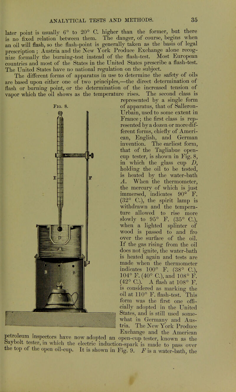 Fig. 8. later point is usually 6° to 20° C. higher than the former, but there is no fixed relation between them. The danger, of course, begins when an oil will flash, so the flash-point is generally taken as the basis of legal prescription; Austria and the New York Produce Exchange alone recog- nize formally the burning-test instead of the flash-test. Most European countries and most of the States in the United States prescribe a flash-test. The United States have no national regulation on the subject. The different forms of apparatus in use to determine the safety of oils are based upon either one of two principles,—the direct determination of flash or burning point, or the determination of the increased tension of vapor which the oil shows as the temperature rises. The second class is represented by a single form of apparatus, that of Salleron- Urbain, used to some extent in France; the first class is rep- resented by a dozen or more dif- ferent forms, chiefly of Ameri- can, English, and German invention. The earliest form, that of the Tagliabue open- cup tester, is shown in Fig. 8, in which the glass cup D, holding the oil to be tested, is heated by the water-bath A. When the thermometer, the mercury of which is just immersed, indicates 90° F. (32° C), the spirit lamp is withdrawn and the tempera- ture allowed to rise more slowly to 95° F. (35° C), when a lighted splinter of wood is passed to and fro over the surface of the oil. If the gas rising from the oil does not ignite, the water-bath is heated again and tests are made when the thermometer indicates 100° F. (38° C), 104° F. (40° C.), and 108° F. (42° C). A flash at 108° F. is considered as marking the oil at 110° F. flash-test. This form Avas the first one offi- cially adopted in the United p States, and is still used some- m what in Germany and Aus- i tria. The New York Produce , , . Exchange and the American petroleum mspectors have now adopted an open-cup tester, known as the baybolt tester, m which the electric induction-spark is made to pass over the top of the open oil-cup. It is shown in Fig. 9. is a water-bath, the