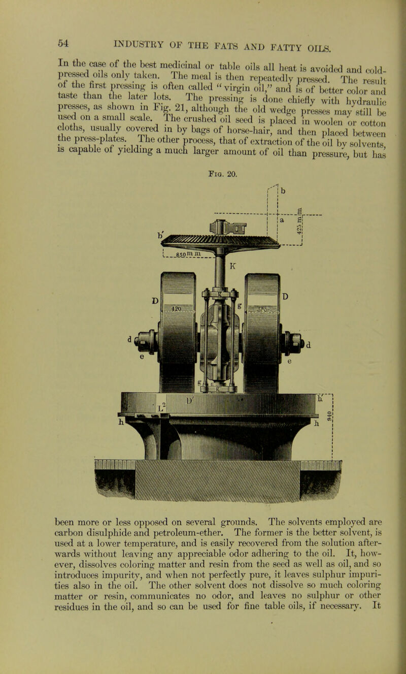 In the case of tlie best medicinal or table oils all heat is avoided and oold- pressed oils only taken. The meal is then repeatedly pressed The result ttf^^'^'Frf^ 1 -rgin oil, and'i^ of better ^lor d taste than the later lots. The pressing is done chiefly with hydraulic presses, as shown in Fig^ 21, although the old wedge presses may still be used on a small smle The cinished oil seed is placid in woolen or cotton cloths, usual y covered m by bags of horse-hair, and then plaml between the press-plates. The other process, that of extraction of the oil by solvents IS capable of yielding a much larger amount of oil than pressure, but ha^ Fig. 20. been more or less opposed on several grounds. The solvents employed are carbon disulphide and petroleum-ether. The former is the better solvent, is used at a lower temperature, and is easily recovered from the solution after- wards without leaving any appreciable odor adhering to the oil. It, how- ever, dissolves coloring matter and resin from the seed as well as oil, and so introduces impurity, and when not perfectly pure, it leaves sulphur impuri- ties also in the oil. The other solvent does not dissolve so much coloring matter or resin, communicates no odor, and leaves no sulphur or other residues in the oil, and so can be used for fine table oils, if necessary. It