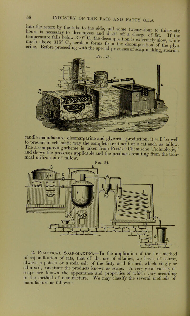 honrf f/'*''''* ^^^ twenty-four to thirty-six hours IS neces.sary to decompose and distil off a chanre of M Tf fi erine. Before proceednig with the special processes of siap-making, stearint Fig. 23. candle manufacture, oleomargarine and glycerine production, it will be well to present m schematic way the complete treatment of a fat such as tallow. Ihe accompanymg scheme is taken from Post's Chemische Technologie, and shows the processes applicable and the products resulting from the tech- nical utilization of tallow. FiQ. 24. B E 2. Practical Soap-making.—In the application of the first method of saponification of fats, that of the use of alkalies, we have, of course, always a potash or a soda salt of the fatty acid formed, which, singly or admixed, constitute the products known as soaps. A very great variety of soaps are known, the appearance and properties of which vary according to the method of manufacture. We may classify the several methods of manufacture as follows :