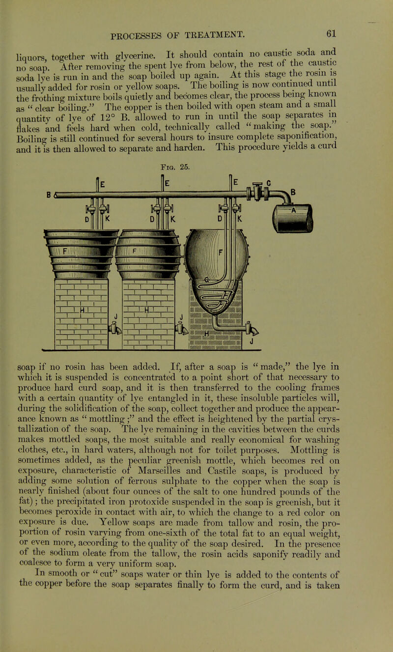 liquors, together with glycerine. It should contain no caustic soda and no soap. After removing the spent lye from below, the rest of the caustic soda lye is run in and the soap boiled up again. At this stage the rosm is usually added for rosin or yellow soaps. The boiling is now continued until the frothing mixture boils quietly and becomes clear, the process being known as clear boiling. The copper is then boiled with open steam and a small quantity of lye of 12° B. allowed to run in until the soap separates in flakes and feels hard when cold, technically called making the soap. Boiling is still continued for several hours to insure complete saponification, and it is then allowed to separate and harden. This procedure yields a curd Fig. 25. soap if no rosin has been added. If, after a soap is made, the lye in which it is suspended is concentrated to a point short of that necessary to produce hard curd soap, and it is then transferred to the cooling frames with a certain quantity of lye entangled in it, these insoluble particles will, during the solidification of the soap, collect together and produce the appear- ance known as mottling; and the eifect is heightened by the partial crys- tallization of the soap. The lye remaining in the cavities between the curds makes mottled soaps, the most suitable and really economical for washing clothes, etc., in hard waters, although not for toilet purposes. Mottling is sometimes added, as the peculiar greenish mottle, which becomes red on exposure, characteristic of Marseilles and Castile soaps, is produced by adding some solution of ferrous sulphate to the copper when the soap is nearly finished (about four ounces of the salt to one hundred pounds of the fat); the precipitated iron protoxide suspended in the soap is greenish, but it becomes peroxide in contact with air, to which the change to a red color on exposure is due. Yellow soaps are made from tallow and rosin, the pro- portion of rosin varying from one-sixth of the total fat to an equal weight, or even more, according to the quality of the soap desired. In the presence of the sodium oleate from the tallow, the rosin acids saponify readily and coalesce to form a very uniform soap. In smooth or cut soaps water or thin lye is added to the contents of the copper before the soap separates finally to form the curd, and is taken