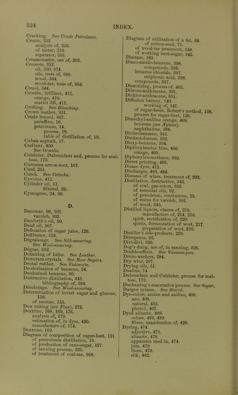Cmckinf!:. See Crude Petroleum. Cream, 252. unulysis of, 253. of tartar, 210. separator, 253. Creamoineter, use of, 263. Creosote, 352. oil, 350, 374. oils, tests of, 380. wood, 344. wood-tar, tests of, 354. Cresol, 344. Crocein, brilliant, 411. orange, 410. scarlet 3Ji, 411. Crofting. See Bleaching. Crown leather, 331. Crude benzol, 367. paraflSne, 16. petroleum, 14. process, 19. table of distillation of, 19. Cuban asphalt, 17. Cudbear, 450. See Orseille. Cuisinier, Dubrunfaut and, process for mal- tose, 173. Curcuma arrow-root, 167. Curd, 251. Cutch. See Catechu. Cyanine, 412. Cylinder oil, 31. filtered, 26. Cymogene, 24, 30. D. Dammar, 96, 101. varnish, 102. Danforth's oil, 30. Dead oil, 367. Defecation of sugar juice, 126. Defibrator, 124. Degraissage. See Silk-scouring. See Wool-scouring. Degras, 332. Dehairing of hides. See Leather. Demerara crystals. See Raw Sugars. Dental rubber. See Vulcanite. Deodorization of benzene, 24. Deodorized benzene, 30. Destructive distillation, 343. bibliography of, 383. Desuintage. See Wool-scouring. Determination of invert sugar and glucose, 158. of sucrose, 155. Dew retting (see Flax), 275, Dextrine, 168, 169, 176. analysis of, 179. estimation of, in dyes, 420. manufacture of, 174. Dextrose, 169. Diagram of composition of sugar-beet, 121. of pretroleum distillation, 19. of production of cane-sugar, 127. of tanning process, 326. of treatment of coal-tar, 368. Diagram of utilization of a fat, 59, of cotton-seed, 71. ' of wood-tar treatment, 348. of working beet-sugar, 142, Diastase, 183. Diazo-amido-benzene, 398. compounds, 398. benzene chloride, 397. sulphonic acid, 398, compounds, 397. Diazotizmg, process of, 405. Dibrom-anthracene, 391. Dichlor-anthracene, 391, Diflusion battery, 140. working of, 141. of sugar-beets, liobert's method, 138. process for sugar-beet, 126. Dimethyl-aniline orange, 409. benzene (see Xylene). naphthalene, 388. Dinitrobenzene, 391. Dinitrotoluenes, 392. Dioxy-benzene, 394. Diphenylamine blue, 406. orange, 409. Diphenylen-methane, 389. Direct printing, 483. Disazo dyes, 411. Discharges, 483, 484. Diseases of wines, treatment of, 203. Distillation, destructive, 343. of coal, gas-retort, 353. of essential oils, 92. of petroleum, continuous, 23. of resins for varnish, 101. of wood, 345. Distilled liquors, classes of, 215. manufacture of, 214, 216. spirit, rectification of, 220. spirits, fermentation of wort, 217. preparation of wort, 216, Distiller's side-products, 229. Diterpenes, 93. Divi-divi, 320. Dog's dung, use of, in tanning, 326. Double-effects. See Vacuum-pan. Drum-washers, 284. Dry wine, 207. Drying oils, 51. Dualine, 74. Dubrunfaut and Cuisinier, process for mal- tose, 173. Duchassing's maceration process. See Sugar. Durgen system. See Starch. Dye-colors, amine and aniline, 406. azo, 409. natural, 433. phenol, 407. Dyed alizarin, 489. colors, 483, 489. fibres, examination of, 420. Dyeing, 474. adjective, 471. alizarin, 478. apparatus used in, 474, jute, 479. linen, 479. silk, 482.