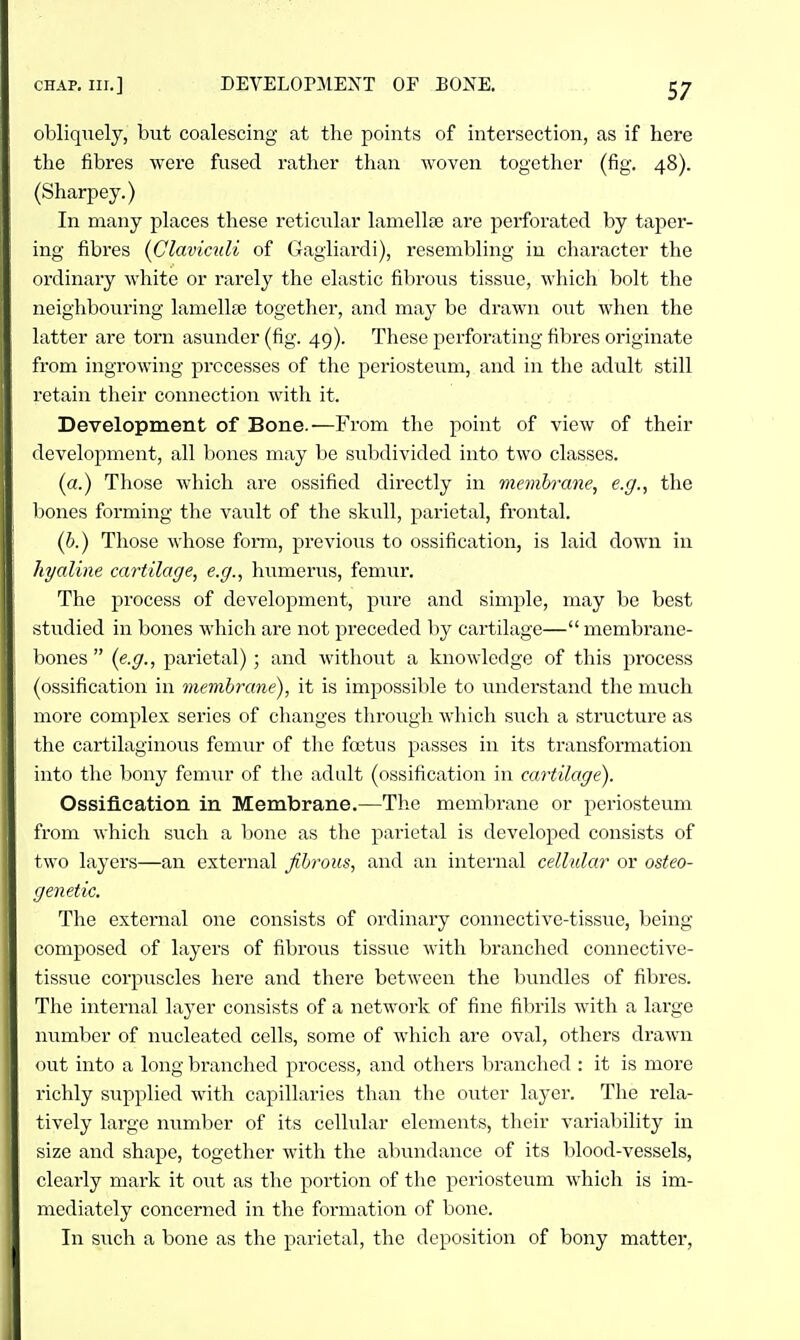 obliqiiely, but coalescing at the points of intersection, as if here the fibres were fused rather than woven together (fig. 48). (Sharpey.) In many pLaces these reticular lamellse are perforated by taper- ing fibres (Claviculi of Gagliai'di), resembling in character the ordinary white or rarely the elastic fibrous tissue, which bolt the neighbouring lamelljE together, and may be drawn out when the latter are torn asunder (fig. 49). These perforating fibres originate from ingrowing processes of the periosteum, and in the adult still retain their connection with it. Development of Bone.—From the point of view of their development, all bones may be sulidivided into two classes. (a.) Those which are ossified directly in membrane^ e.g., the bones forming the vault of the skiill, parietal, frontal. (6.) Those whose fomi, previous to ossification, is laid down in hyaline cartilage, e.g., humerus, femur. The process of development, pure and simple, may be best studied in bones which are not preceded liy cartilage— membrane- bones  {e.g., parietal); and without a knowledge of this process (ossification in membrane), it is impossible to understand the much more complex series of changes througli which such a structure as the cartilaginous femur of the foetus passes in its transformation into the bony femur of the adult (ossification in cartilage). Ossification in Membrane.—The membrane or periosteum from which such a bone as the parietal is developed consists of two layers—an external fibrous, and an internal cellular or osteo- genetic. The external one consists of ordinary connective-tissue, being- composed of layers of fibrous tissue with branched connective- tissue corpuscles here and there between the bundles of fibres. The internal layer consists of a network of fine fibrils with a large number of nucleated cells, some of which are oval, others drawn out into a long branched process, and others branched : it is more richly supplied with capillaries than the outer layer. The rela- tively large number of its cellular elements, their variability in size and shape, together with the abundance of its blood-vessels, cleai-ly mark it out as the portion of the periosteum which is im- mediately concerned in the formation of bone. In s\ich a bone as the parietal, the deposition of bony matter,
