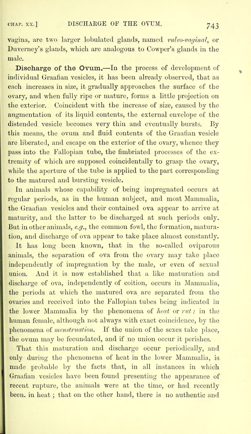 vagina, ai'e two larger lobulated glands, named vidvo-vagincd, or Duverney's glands, which ai'c analogous to Cowper's glands in the male. Discharge of the Ovum.—In the process of development of individual Graafian vesicles, it has been already observed, that as each increases in size, it gradually approaches the surface of the ovary, and when fully ripe or mature, forms a little projection on the exterior. Coincident with the increase of size, caused by the augmentation of its liquid contents, the external envelope of the distended vesicle becomes very thin and eventually bursts. By this means, the ovum and fluid contents of the Graafian vesicle are liberated, and escape on the exterior of the ovary, whence they pass into the Fallopian tube, the fimbriated processes of the ex- tremity of which are supposed coincidentally to grasp the ovary, while the aperture of the tube is applied to the part corresponding to the matured and bursting vesicle. In animals whose capability of being impregnated occurs at regular periods, as in the human siibject, and most Mammalia, the Graafian vesicles and their contained ova appear to arrive at maturity, and the latter to be discharged at such periods only. But in other animals, e.g., the common fowl, the formation, matura- tion, and discharge of ova appear to take place almost constantly. It has long been known, that in the so-called oviparous animals, the separation of ova from the ovary may take place independently of impregnation by the male, or even of sexual union. And it is now established that a like maturation and discharge of ova, independently of coition, occurs in Mammalia, the periods at which the matured ova are separated from the ovaries and received into the Fallopian tubes being indicated in the lower Mammalia by the phenomena of Iteat or o'ut: in the human female, although not always Avith exact coincidence, by the phenomena of vietistruaiion. If the union of the sexes take place, the ovum may be fecundated, and if no union occur it perishes. That this maturation and discharge occur periodically, and only during the phenomena of heat in the lower Mammalia, is made 2:)robable by the facts that, in all instances in which Graafian vesicles have been found presenting the appearance of recent rupture, the animals were at the time, or had recently been, in heat; that on the other hand, there is no authentic and