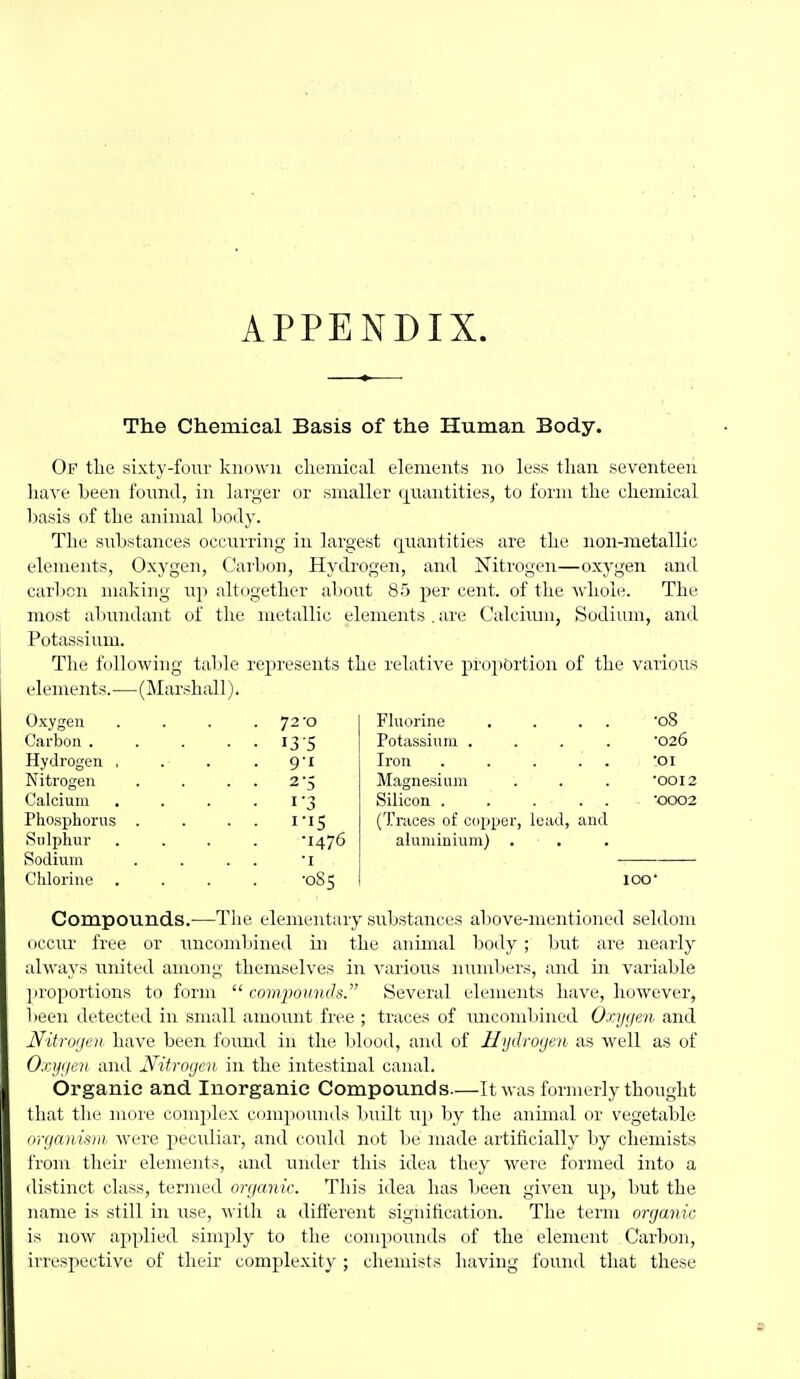 APPENDIX. The Chemical Basis of the Human Body. Op the sixty-four known chemical elements no less than seventeen have been found, in larger or smaller (j^uantities, to form the chemical basis of the animal body. The substances occurring in largest quantities are the non-metallic elements, Oxygen, Cai'bon, Hydrogen, and Nitrogen—oxygen and carbon making up altogether about 85 per cent, of the whole. The most abundant of the metallic elements.are Calciimi, Sodium, and Potassium. The following table represents the relative proi>ortion of the various elements.—(Marshall). Oxygen . 72'O Fluorine . . . . •08 Carbon . • • 13-5 Potassium .... ■026 Hydrogen , • 9-1 Iron . . . . . •01 Nitrogen ■ • 2-5 Magnesium Silicon . . . . . •0012 Calcium ■ 13 ■0002 Pliospborus . 8nli)hur • . i-is (Traces of copper, lead, and •1476 aluminium) . Sodium Chlorine •085 lOO Compounds.—Tiie elementary substances above-mentioned seldom occur free or uncombined in the animal body; but are nearly always united among themselves in various numbers, and in vaiiable ])roportions to form  compounds. Several elements have, however, 1 )een detected in small amount free ; traces of luicorabined Oxijfien and Nitrorjen have been found in the blood, and of Hydrogen as well as of Oxijgen. and Nitrogen in the intestinal canal. Organic and Inorganic Compounds.—It was formerly thought that the more complex compounds l)uilt up by the animal or vegetable iiyganism were peculiar, and could not be made artificially by chemists from their elements, and under this idea they were formed into a ilistinct class, termed organic. This idea has been given up, but the name is still in use, with a different signification. The term organic is now applied simply to the compounds of the clement Carbon, irrespective of their complexity; chemists having found that these