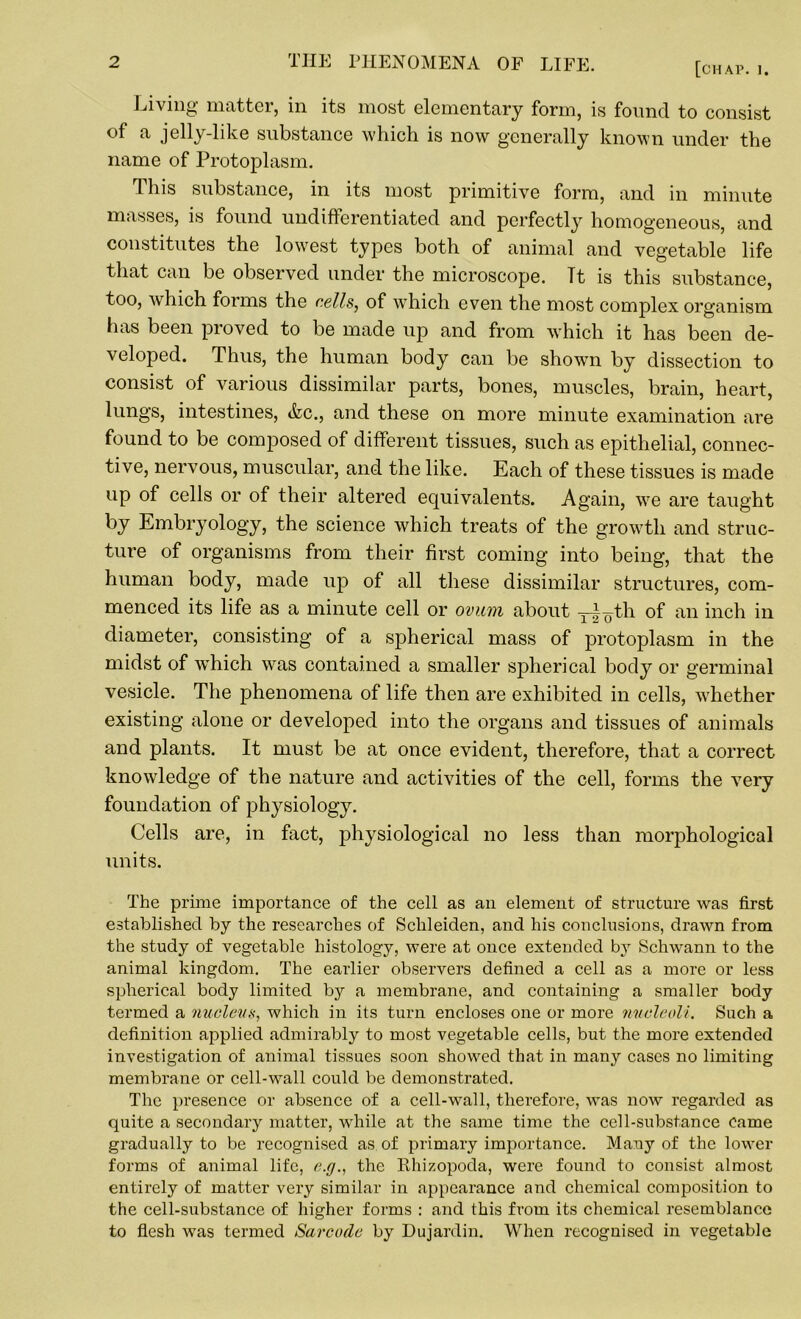 Living matter, in its most elementary form, is found to consist of a jelly-like substance which is now generally known under the name of Protoplasm. Tliis substance, in its most primitive form, and in minute masses, is found undifferentiated and perfectly homogeneous, and constitutes the lowest types both of animal and vegetable life that can be observed under the microscope. Tt is this substance, too, which forms the cells, of which even the most complex organism has been proved to be made up and from which it has been de- veloped. Thus, the human body can be shown by dissection to consist of various dissimilar parts, bones, muscles, brain, heart, lungs, intestines, Ac., and these on more minute examination are found to be composed of different tissues, such as epithelial, connec- tive, nervous, muscular, and the like. Each of these tissues is made up of cells or of their altered equivalents. Again, we are taught by Embryology, the science which treats of the growth and struc- ture of organisms from their first coming into being, that the human body, made up of all these dissimilar structures, com- menced its life as a minute cell or ovum about y|^th of an inch in diameter, consisting of a spherical mass of protoplasm in the midst of wdiich wras contained a smaller spherical body or germinal vesicle. The phenomena of life then are exhibited in cells, whether existing alone or developed into the organs and tissues of animals and plants. It must be at once evident, therefore, that a correct knowledge of the nature and activities of the cell, forms the very foundation of physiology. Cells are, in fact, physiological no less than moiq>hological units. The prime importance of the cell as an element of structure was first established by the researches of Schleiden, and his conclusions, drawn from the study of vegetable histology, were at once extended by Schwann to the animal kingdom. The earlier observers defined a cell as a more or less spherical body limited by a membrane, and containing a smaller body termed a nucleus, which in its turn encloses one or more nucleoli. Such a definition applied admirably to most vegetable cells, but the more extended investigation of animal tissues soon showed that in many cases no limiting membrane or cell-wall could be demonstrated. The presence or absence of a cell-wall, therefore, was now regarded as quite a secondary matter, while at the same time the cell-substance came gradually to be recognised as of primary importance. Many of the lower forms of animal life, e.g., the Khizopoda, were found to consist almost entirely of matter very similar in appearance and chemical composition to the cell-substance of higher forms : and this from its chemical resemblance to flesh was termed Sarcodc by Dujardin. When recognised in vegetable