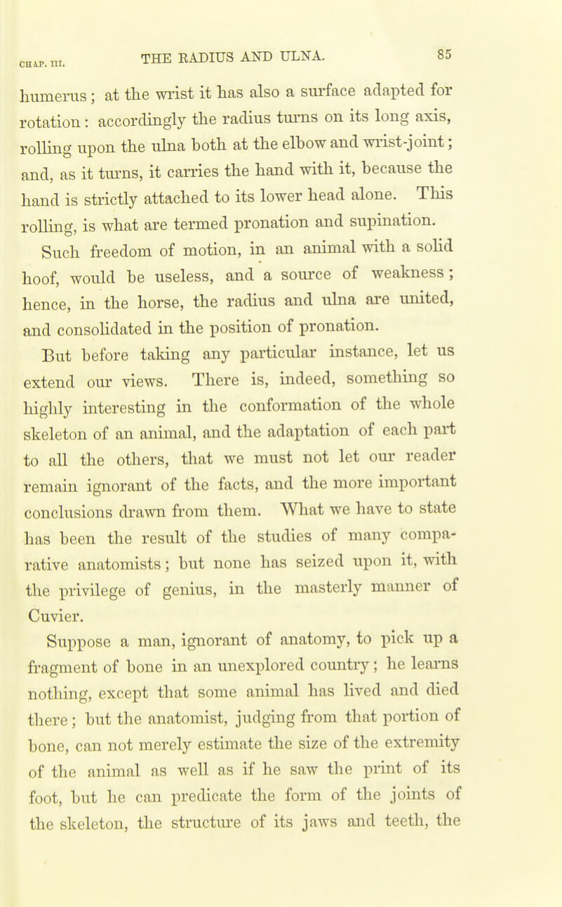 humeins ; at the wrist it lias also a surface adapted for rotation: accordingly the radius turns on its long axis, rolling upon the ulna both at the elbow and wrist-joint; and, as it turns, it carries the hand with it, because the hand is strictly attached to its lower head alone. Tliis rolling, is what are termed pronation and supination. Such freedom of motion, in an animal with a solid hoof, would be useless, and a source of weakness; hence, in the horse, the radius and ulna are united, and consohdated in the position of pronation. But before taking any particular instance, let us extend our views. There is, indeed, something so highly interesting in the conformation of the whole skeleton of an animal, and the adaptation of each part to all the others, that we must not let our reader remain ignorant of the facts, and the more important conclusions drawn from them. What we have to state has been the result of the studies of many compa- rative anatomists; but none has seized upon it, with the privilege of genius, in the masterly manner of Cuvier. Suppose a man, ignorant of anatomy, to pick up a fragment of bone in an unexplored country; he learns nothing, except that some animal has lived and died there; but the anatomist, judging from that portion of bone, can not merely estimate the size of the extremity of the animal as well as if he saw the print of its foot, but he can predicate the form of the joints of the skeleton, the structure of its jaws and teeth, the