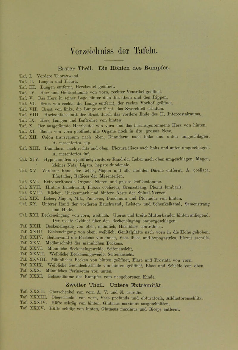 Verzeichntes der Tafeln. Erster Theil. Die Höhlen des Rumpfes. Taf. I. Vordere Thoraxwand. Taf. II. Lungen und Pleura. Taf. III. Lungen entfernt, Herzbeutel geöffnet. Taf. IV. Herz und Gefässstämme von vorn, rechter Ventrikel geöffnet. Taf. V. Das Herz in seiner Lage hinter dem Brustbein und den Rippen. Taf. VI. Brust von rechts, die Lunge entfernt, der rechte Vorhof geöffnet. Taf. VH. Brust von links, die Lunge entfernt, das Zwerchfell erhalten. Taf. VIII. Horizontalschnitt der Brust durch das vordere Ende des II. Intercostalraums. Taf. IX. Herz, Lungen und Luftröhre von hinten. Taf. X. Der ausgeräumte Herzbeutel von vorn und das herausgenommene Herz von hinten. Taf. XI. Bauch von vorn geöffnet, alle Organe noch in situ, grosses Netz. Taf. Xn. Colon transversum nach oben, Dünndarm nach links und unten umgeschlagen. A. mesenterica sup. Taf. XIH. Dünndarm nach rechts und oben, Flexura iliaca nach links und unten umgeschlagen. A. mesenterica inf. Taf. XXV. Hypochondrium geöffnet, vorderer Rand der Leber nach oben umgeschlagen, Magen, kleines Netz, Ligam. hepato-duodenale. Taf. XV. Vorderer Rand der Leber, Magen und alle mobilen Därme entfernt, A. coeliaca, Pfortader, Radices der Mesenterien. Taf. XVI. Retroperitoneale Organe, Nieren und grosse Gefässstämme. Taf. XVH. Hintere Bauchwand, Plexus coeliacus, Grenzstrang, Plexus lumbaris. Taf. XVHI. Rücken, Rückenmark und hintere Aeste der Spinal-Nerven. Taf. XXX. Leber, Magen, Milz, Pancreas, Duodenum und Pfortader von hinten. Taf. XX. Unterer Rand der vorderen Bauchwand, Leisten- und Schenkelkanal, Samenstrang und Hode. Taf. XXI. Beckeneingang von vorn, weiblich. Uterus und breite Mutterbänder hinten anliegend. Der rechte Oviduct über den Beckeneingang emporgeschlagen. Taf. XXn. Beckeneingang von oben, männlich, Harnblase contrahiert. Taf. XXIH. Beckeneingang von oben, weiblich, Genitalplatte nach vorn in die Höhe gehoben. Taf. XXXV. Seitenwand des Beckens von innen, Vasa iliaca und hypogastrica, Plexus sacralis. Taf. XXV. Medianschnitt des männlichen Beckens. Taf. XXVI. Männliche Beckeneingeweide, Seitenansicht. Taf. XX VH. Weibliche Beckeneingeweide, Seitenansicht. Taf. XXVIH. Männliches Becken von hinten geöffnet, Blase und Prostata von vorn. Taf. XXIX. Weibliche Geschlechtstheile von hinten geöffnet, Blase und Scheide von oben. Taf. XXX. Männliches Perinaeum von unten. Taf. XXXI. Gefässstämme des Rumpfes vom neugeborenen Kinde. Zweiter Theil. Untere Extremität. Taf. XXXII. Oberschenkel von vorn A. V. und N. cruralis. Taf. XXXIII. Oberschenkel von vorn, Vasa profunda und obturatoria, Adductorenschlitz. I af. XXXIV. Hüfte schräg von hinten, Glutaeus maximus ausgeschnitten.