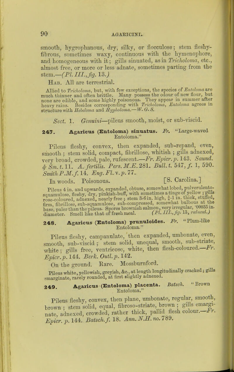 smooth, hygrophanous, dry, silky, or flocculose; stem fleshy- fibrous, sometimes waxy, continuous with the hymenophore, and homogeneous with it; gills sinuated, as in Tricholoma, etc., almost free, or more or less adnate, sometimes parting from the stem.—(PI. III. Jig. 13.) Had. All are terrestrial. Allied to Tricholoma, but, with few exceptions, the species of Entoloma are much thinner and often brittle. Many possess the odour of new flour, but none are edible, and some highly poisonous. They appear in summer after heavy rains. Besides corresponding with Tricholoma, Entoloma agrees in structure with Hebeloma and Hyplioloma.— W. O. S. Sect. 1. Genuini—pileus smooth, moist, or sub-viscid. 247. Agaxicus (Entoloma) sinuatus. Fr. Large-waved Entoloma. Pileus fleshy, convex, then expanded, sub-repand, even, smooth ; stem solid, compact, fibrillose, whitish ; gills adnexed, very broad, crowded, pale, rufescent.—Fr.Epicr.jJ-143. Saund. ^ Sm. 1.11. A. fertilis. Pers. M.E. 281. Bull. t. 547, /. 1, 590. Smith P.M.f. 14. Eng. Fl. y.p. 77. In woods. Poisonous. [S. Carolina.] Pileus 4 in. and upwards, expanded, obtuse, somewhat lobed, pulyerulento- squamulose, fleshy, dry, pinkish-buff, with sometimes a tinge of yellow jgiUs rose-coloured, adnexed, nearly free ; stem 3-6 in high, f-1 m thick, stufied, firm, fibrillose, sub-squamulose, sub-compressed, somewhat bulbous at the base, paler than the pileus. Spores brownish salmon very irregnJar, 00035 m. diameter. Smell like that of fresh meal. (PL HI; fig-13, redmed.) 248. Agaricus (Entoloma) prunuloides. Fr. Plum-like Entoloma. Pileus fleshy, campanulate, then expanded, umbonate, even, smooth, sub-viscid;' stem solid, unequal, smooth, sub-stnate, white; gills free, ventricose, white, then flesh-coloured.—i^r. Epicr.p. 144. Berk. Outl.p. 142. On the ground. Rare. Mossburnford. Pileus white, yellowish, greyish, &c., at length longitudinaUy cracked; gills emarginate, rarely rounded, at first sUghtly adnexed. 249. Agaricus (Entoloma) placenta. Batsoh. Brown Entoloma. Pileus fleshy, convex, then plane, umbonate, regular, smooth, brown ; stem solid, equal, fibroso-striate, brown ; gills emargi- nate, adnexed, crowded, rather thick, palKd flesh colour.—ir. Epicr.p.lU. Batsch.f. 18. Ann.N.H.no.lSd.