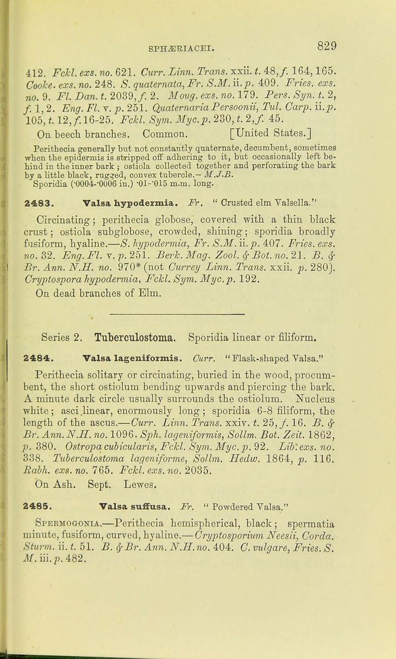 412. Fell. exs. no. 621. Curr. Linn. Trans, xxii. i. 48,/. 164,165. Cool-e. exs.no. 24.8. S.quaternata,Fr. S.M.ix.p. 409. Fries, exs. 710.9. Fl. Dan.t.20^'d,f.2. 31 ovg. exs. no. 179. Fers. St/n. t. 2, f.1,2. Eng. Fl. v. p. 251. Quaternaria Persoonii, Tul. Carp. ii.p. 105,1.12,/. 16-25. Fckl. Sijm. Myc.p. 230, t. 2,f. 45. On beech branches. Common. [United States.] Perithecia generally but not constantly quaternate, decumbent, sometimes when the epidermis is stripped off adhering to it, but occasionally left be- hind in the inner bark j ostiola collected together and perforating the bark by a little black, rug^'ed, convex tubercle.— M.J.B. Sporidia (■0004--0U06 in.) •Ol-'OIS m.m. long. 2483. Valsa hypodeimia. Fr,  Crusted elm Valsella. Circinating; perithecia globose, covered with a thin black crust; ostiola subglobose, crowded, shining; sporidia broadly fusiform, hyaline.—S. hypoclermia, Fr. S.M. ii.p. 407. Fries, exs. wo. 32. Eng.Fl. v.p.251. Berh.Mag. Zool. ^ Bot.no. 21. B. ^ Br. Ann. N.H. no. 970* (not Gurrey Linn. Trans, xxii. p. 280). Cryptospora hypodermia, Fckl. Sym. Myc.p. 192. On dead branches of Elm. Series 2. Tuberculostoma. Sporidia linear or fihform. 2484. Valsa lagenifoxmis. Curr.  Flask-shaped Valsa. Perithecia solitary or circinating, buried in the wood, procum- bent, the short ostiolum bending upwards and piercing the bark. A minute dark circle usually surrounds the ostiolum. Nucleus white; asci linear, enormously long ; sporidia 6-8 filiform, the length of the ascus.—Curr. Linn. Trans, xxiy. t. 25,/. 16. B. ^ Br. Ann. N.H. no. 1096. Sph. lageniformis, Sollm. Bat. Zeit. 1862, p. 380. Ostropa cubicularis, Fckl. Sym. Myc.p. 92. Lib'.exs. no. 338. Tuberculostoma lageniforme, Sollm. Hedw. 1864, p. 116, Eabh. exs. no. 765. Fckl. exs. no. 2035. On Ash. Sept. Lewes. 2485. Valsa suffusa. Fr.  Powdered Valsa. Spermogonia.—Perithecia hemispherical, black; spermatia minute, fusifoim, curved, hyaline.— Cryptosporium Neesii, Corda. Sturm, ii. t. 51. B. ^Br. Ann. N.H. no. 404. C. vulgare, Fries. S. M.m. p. 4:82.