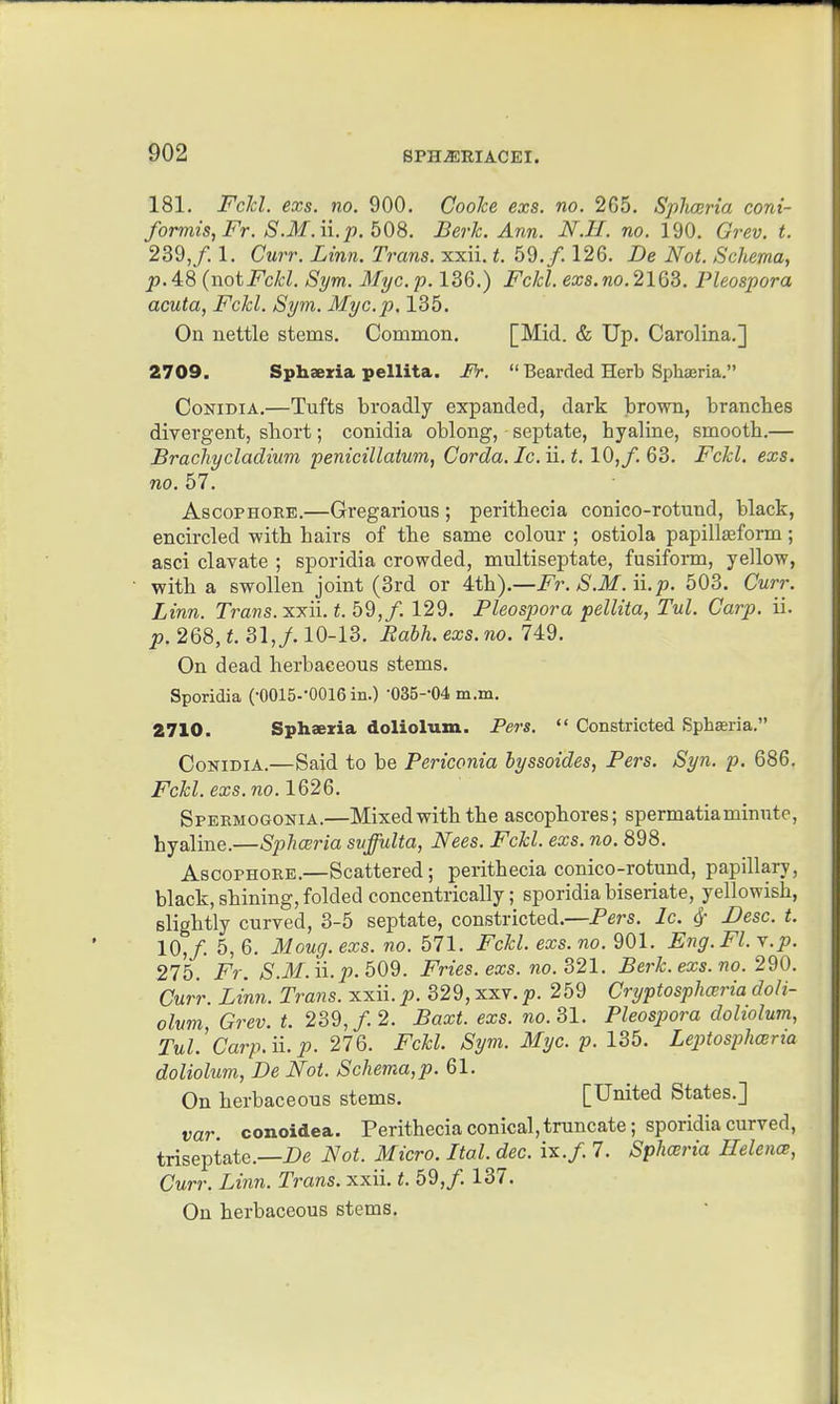 181. Fclcl. exs. no. 900. Cooke exs. no. 265. Splmria coni- formis, Fr. S.M. ii. p. 608. Berk. Ann. N.H. no. 190, Grev. t. 239,/. 1. Curr. Linn. Trans, xxii. t. 59./. 126. De Not. Schema, J9.48 {noiFckl. Sym. Myc.p. 136.) Fckl. eas.no. 2163. Pleospora acuta, Fckl. Sym. Myc.p. 135. On nettle stems. Common. [Mid. & Up. Carolina.] 2709. Sphaeiria pellita. IV.  Bearded Herb Sph^ria. CoNiDiA.—Tufts broadly expanded, dark brown, branches divergent, short; conidia oblong, septate, hyaline, smooth.— Brachycladium penieillatum, Corda. Ic. ii. t, 10,/. 63. Fckl. exs. no. 57. AscoPHORE.—Gregarious ; perithecia conico-rotund, black, encircled with hairs of the same colour ; ostiola papill^form ; asci clavate ; sporidia crowded, multiseptate, fusiform, yellow, with a swollen joint (3rd or U]i).—Fr. S.M. ii. p. 503. Curr. Linn. Trans, xxii. t. 59,/. 129. Pleospora pellita, Tul. Carp. ii. p. 268, t. 31,/ 10-13. Rabh. exs. no. 749. On dead herbaceous stems. Sporidia (-OOlS-'OOie in.) •035--04 m.m. 2710. Sphaeria doliolum. Pers.  Constricted SphEeria. Conidia.—Said to be Periconia byssoides, Pers. Syn. p. 686. Fckl. exs.no. 1626. Speemogonia.—Mixed with the ascophores; spermatiaminute, hyaline.—Sphceria svffulta, Nees. Fckl. exs. no. 898. AscoPHOKE.—Scattered; perithecia conico-rotund, papillary, black,shining,folded concentrically; sporidiabiseriate, yellowish, slightly curved, 3-5 septate, constricted.—Pers. Ic. ^ Besc. t. 10,/. 5, 6. Moug. exs. no. 571. Fckl. exs. no. 901. Eng.Fl. y.p. 275. Fr. S.M.ii.p.609. Fries, exs. no. 321. Berk.exs.no. 290. Cw'r. Linn. Trans, xxii.p. 329, xxv.p. 259 Cryptosplmria doli- olum, Grev. t. 239,/. 2. Baxt. exs. no. 31. PleosjJora doliolum, Tul.'Carp. ii. p. 276. Fckl. Sym. Myc. p. 135. LeptosphcBvia doliolum, De Not. Schema,p. 61. On herbaceous stems. [United States.] var. conoidea. Perithecia conical, truncate; sporidia curved, triseptate.—X>c Not. Micro. Ital. dec. ix.f. 7. Sphceria Helence, Curr. Linn. Trans, xxii. t. 59,/. 137. On herbaceous stems.