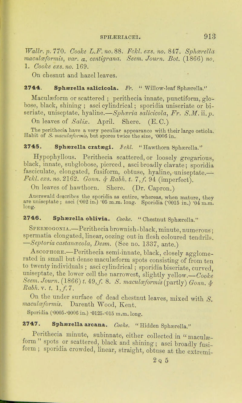 Wallr. p. 770. Cooke L.F. no. 88. FcM. exs. no. 847. Sphcerella maciilceformis, var, a, centigrana. Seem. Journ. Bot. (1866) no. 1. Coohe exs.no. On chesnut and hazel leaves. 2744. Sphaerella salicicola. Fr.  Willow-leaf Sphsrella. Maculfeform or scattered ; perithecia innate, punctiform, glo- bose, black, shining ; asci cylindrical; sporidia uniseriate or bi- seriate, uniseptate, hyaline.—Sphceria salicicola, Fr. S.M.n.p. On leaves of Salix. April. Shere. (E.G.) The perithecia have a very peculiar appearance vsrith their large ostiola. Habit of S. maculceformis, but spores twice the size, '0006 in. 2745. Sphaerella crataegi. IcM.  Hawthorn Spheerella. Hypophyllous. Perithecia scattered, or loosely gregarious, black, innate, subglobose, pierced, asci broadly clavate; sporidia fasciculate, elongated, fusiform, obtuse, hyaline,-uniseptate.— Fckl. exs. no. 2162. Gonn. ^ Babh. t. 7,/. 94 (imperfect). On leaves of hawthorn. Shere. (Dr. Capron.) Auerswald describes the sporidia as entire, whereas, when mature, they are uniseptate j asci (-002 in.) '05 m.m. long. Sporidia (-0015 in.) '04 m.m. long. 2746. Sphaerella oblivia. Cooke.  Chestnut SphEerella. Spermogonia.—Perithecia brownish-black, minute, numerous; spermatia elongated, linear, oozing out in flesh coloured tendrils. —Septoriacastanoicola, Desm. (See no. 1337, ante.) AscoPHORE.—Perithecia semi-innate, black, closely agglome- rated in small but dense maculasform spots consisting of from ten to twenty individuals ; asci cylindrical; sporidia biseriate, curved, uniseptate, the lower cell the narrowest, slightly yellow.—Cooke Seem. Journ. (1866) t. 49,/. 8. ^S*. maculaiformis (-oaxtlj) Gonn. &■ Rabh.v. t. l,f.7. J^ On the under surface of dead chestnut leaves, mixed with S. maculceformis. Darenth Wood, Kent. Sporidia (•0005--0006 in.) •0125--015 m.m. long. 2747. Sphaerella arcana. Coolie. Hidden Sphajrella. Perithecia minute, subinnate, either collected in  maculfe- form  spots or scattered, black and shining; asci broadly fusi form ; sporidia crowded, linear, straight, obtuse at the extremi-