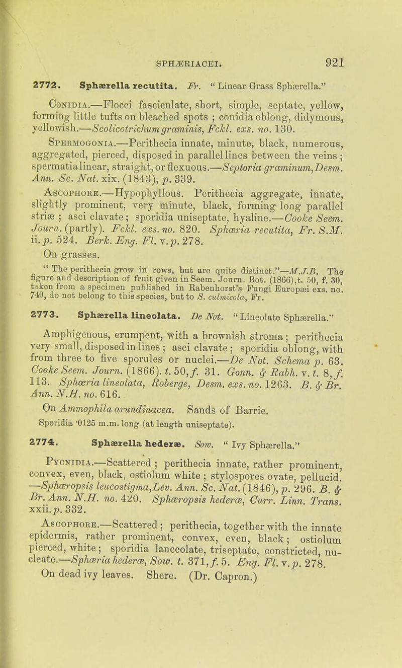 2772. Sphaerella recutita. Fr.  Linear Grass Spbajrella. CoNiDiA.—Flocci fasciculate, short, simple, septate, yellow, forming little tufts on bleached spots ; conidia oblong, didymous, yellowish.—Scolicotriclmmgraminis, Fckl. exs. no. 130. Spermogonia.—Perithecia innate, minute, black, numerous, aggregated, pierced, disposed in parallel lines between the veins ; spermatialinear, straight, or flexuous.—Septoria gra7ninum,Desm. Ann. Sc. Nat. xix. (1843), p. 339. AscopHORE.—Hypophyllous. Perithecia aggregate, innate, slightly prominent, very minute, black, forming long parallel striae ; asci clavate; sporidia uniseptate, hyaline.—Coolce Seem. Journ. (partly). Fckl. exs. no. 820. Sphoeria recutita^ Fr. S.M. i\.p. 524. Berk. Eng. Fl. v. p. 278. On grasses.  The perithecia grow in rows, hut are quite iiatinct.—M.J.B. The figure and description of fruit given in Seem. Journ. Bot. (1866),t. 50, f. 30, taken from a specimen published in Eabenhorst's Fungi Europaei exs. no. 740, do not belong to this species, but to S. culmicola, Fr. 2773. Sphaerella lineolata. De JVot.  Lineolate Spbsrella. Amphigenous, erumpent, with a brownish stroma; perithecia very small, disposed in lines ; asci clavate ; sporidia oblong, with from three to five sporules or nuclei.—De Not. Schema p. 63. Cooke Seem. Journ. (1866). 50,/. 31. Gonn. Sf Bahh.Y.t. 8,f. 113. Sphceria lineolata, Roberge, Desm. exs. no. 1263. B &■ Br Ann.N.H.no.6l6. On Ammophila arundinacea. Sands of Barrie. Sporidia •0125 m.m. long (at length uniseptate). 2774. Sphaexella hederae. Sow.  Ivy Spharella. Pycnidia.—Scattered ; perithecia innate, rather prominent convex, even, black, ostiolum white ; stylospores ovate, pellucid! —Sphwropsis leucostigma,Lev. Ann. Sc. Nat. (1846), p. 296. B. ^ Br. Ann. N.H. no. 420. Sphceropsis hederce, Curr. Linn. Titans. xxii.^. 332. AscoPHORE.—Scattered ; perithecia, together with the innate epidermis, rather prominent, convex, even, black; ostiolum pierced, white ; sporidia lanceolate, triseptate, constricted, nu- cleate.—Sphceria hederce, Sow. t. 371, f. 5. Eng. FL v.p. 278. On dead ivy leaves. Shere. (Dr. Capron.)
