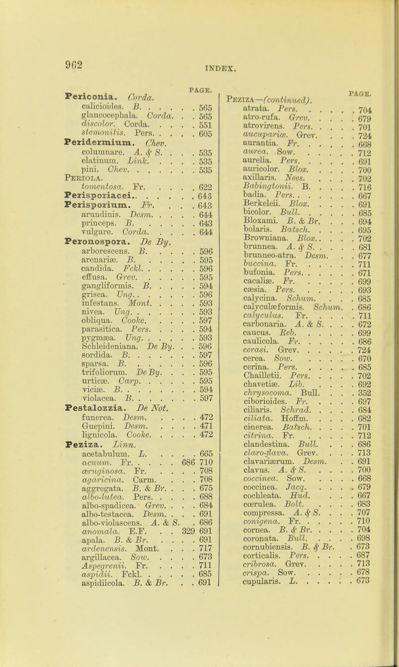 INDEX. PAGE. Peziconia. Corda. calieioides. B 565 gliiucocephala. Corda. . . 505 discolor. Corda 551 stemonitis. Pers 605 Feridermium. C/iev. columnare. A. <^ S. . . .535 elatinum. Link 535 pini. Ghev 535 Periola. tomentosa. Fr 622 Perispoxiacei 643 Perisporium. , . . 643 arundinis. Desm 644 princeps. B 643 vulgare. Corda 644 Pezonospoxa. Be By. arborescens. B 596 arenarife. B 595 Candida. Fchl 596 effusa. Grev 595 gangliformis. B 594 grisea. Ung 596 infestans. Mont 593 nivea. Ung 593 obliqua. Coolce 597 parasitica. Pers 594 pygmsea. Ung 593 Schleideniana. Be By. . . 596 sordida. B 597 sparsa. B 596 trifoliorom. Be By. . . . 595 urticae. Carp 595 vicise. B 594 violacea. B 597 Festalozzia. Be Not. funerea. Besm 472 Gruepini. Desm 471 lignicola. Coolie 472 Peziza. Linn. acetabulum. L 665 acuwm. Fr 686 710 CBTuginosa. Fr 708 agaricina. Carm. . . . 708 aggregata. B. & Br. . . . 675 aJ.bo-lutea. Pers 688 albo-spadicea. Grev. . . . 684 albo-testacea. Besm. . , . 691 albo-violascens. A. & S. . 686 anomala. E.F. . . 329 691 apala. B. & Br 691 a/rdenensis. Mont. . . . 717 argillacea. Sow 673 Aspegrenii. Fr 711 aspidii. FcM 685 aspidiicola. B. & Br. . . 691 Peziza—(contimued). atrata. Pers 704 atro-rufa. Qrev 679 atrovirens. Pers 701 aucuparrioe. Grev. . . . 724 aurantia. Fr 668 av/rea. Sow 712 aurelia. Pers 691 auricolor. Blox 700 axillaris. Nees 702 Bahingtonvi. B 716 badia. Pers 667 Berkeleii. Blox 691 bicolor. Bull 685 Bloxami. B. & Br. . . . 694 bolaris. Batsch 695 Browniana. Blox 702 brunnea. A. ,^ 8 681 brunneo-atra. Desm. . . 677 huccina. Fr. . . . . . 711 bufonia. Pers 671 cacalise. Fr 699 csesia. Pers 693 calycina. Schum. . . . 685 calyeulseformis. Schum. . 686 calyculus. Fr 711 carbonaria. A. & S. . . . 672 caucus. Bei 699 caulicola. Fr 686 cerasi. Grev 724 cerea. Soiu 670 cerina. Pers 685 Chailletii. Pers 702 cbavetiffi. Lib 692 chrysocoma. Bull. . . . 352 ciborioides. Fr 697 ciliaris. Schrad 684 ciliata. Hoffm 682 cinerea. Batsch 701 citrina. Fr 712 clandestina. Bull. . . . 686 claro-jiava. Grev. . . . 713 clavariEerum. Desm. . . 691 clavus. A. <^S 700 coccinea. Sow 668 coccinea. Jacq 679 cocbleata. Hud. . . . 667 ccerulea. Bolt 683 compressa. A. <^ S. . . . 707 conigena. Fr 710 cornea. B. <t Br 704 coronata. Bull 698 comubiensis. B. Sf Br. . 673 corticalis. Pers 687 crihrosa. Grer 713 crispa. Sow 678 cupularis. L. , . . . . 673