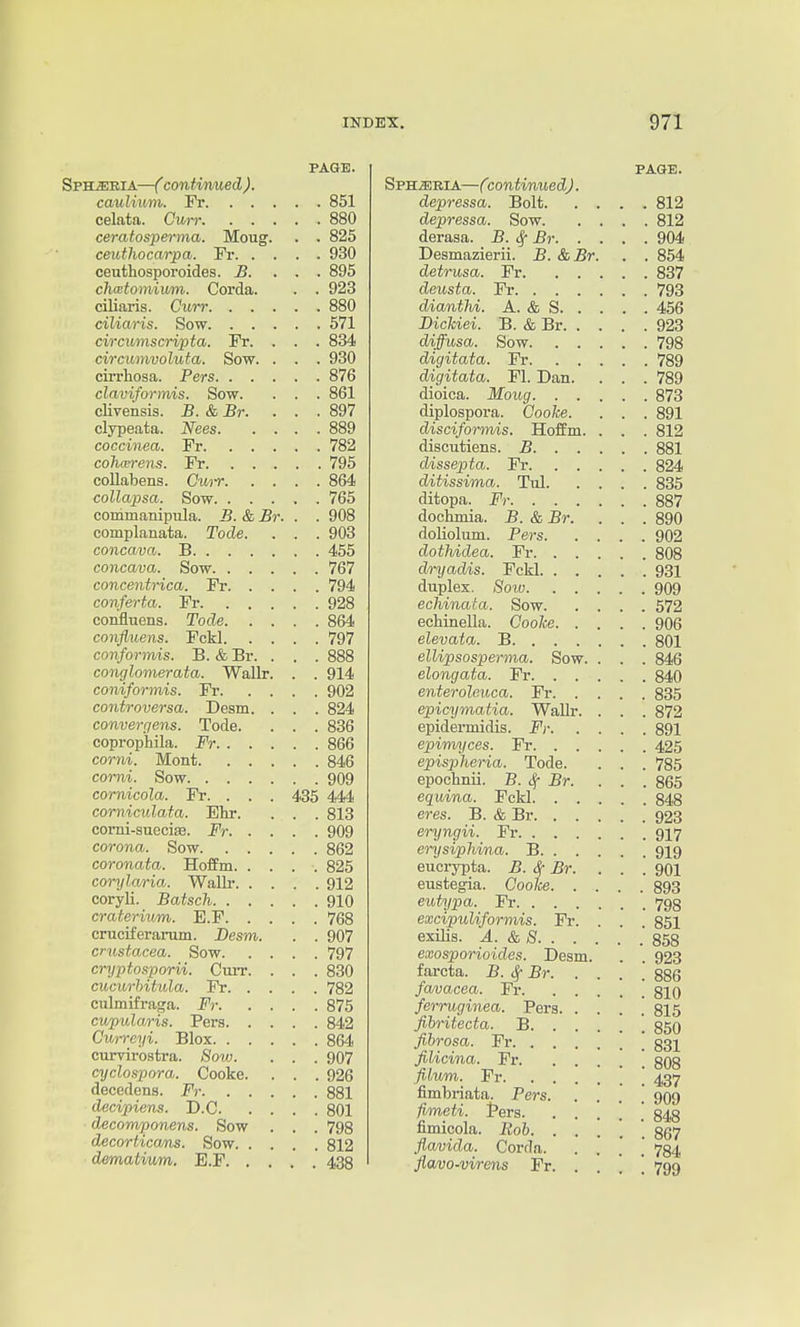 PAGE. Sph^eia—( contimued). caulium. Fr 851 celata. Curr 880 ceratospwma. Moug. . . 825 ceuthocarpa. Fr 930 ceuthosporoides. jB. . . . 895 chaitomium. Corda. . . 923 ciliaris. Curr 880 ciliaris. Sow 571 circumscripta. Fr. . . . 834 circumvoluta. Sow. . . . 930 cirrliosa. Pers 876 claviformis. Sow. . . . 861 clivensis. B.ScBr. ... 897 clypeata. Nees 889 coccinea. Fr 782 cohcn-ens. Fr 795 collabens. Cv/i-r 864 collapsa. Sow 765 cordmanipula. B. & Br. . . 908 complanata. Tode. . . . 903 concavn. B 455 concava. Sow 767 concentrica. Fr 794 conferta. Fr 928 coniSTiens. Tode 864 conjluens. Fckl 797 conformis. B. & Br. . . . 888 conglomerata. Wallr. . . 914 coniformis. Fr 902 controversa. Desm. . . . 824 convergens. Tode. . . . 836 coprop'hila. Fr 866 corni. Mont 846 corni. Sow 909 cornicola. Fr. . . . 435 444 corniculata. Ehr. . . . 813 comi-suecife. Fr 909 corona. Sow 862 coronata. Hofifm. .... 825 corylcwia. Wallr 912 coryli. Batsch 910 craterium. E.F 768 cruciferarum. Besm. . . 907 Crustacea. Sow 797 cryptosporii. Curr. . . . 830 cucurhitula. Fr 782 culmifraga. Fr 875 cupula,ris. Pers 842 Cwreyi. Blox 864 ciirvirostra. Sow. . . . 907 cyclospora. Cooke. . . . 926 decedens. Fr 881 decipiens. D.C 801 decomponens. Sow . . . 798 decorticans. Sow 812 dematium. E.F 438 PAGE. SpBLfflBiA—Ccontinued). depressa. Bolt 812 depressa. Sow 812 derasa. B. ^ Br 904 Desmazierii. B. &Br. . . 854 detrusa. Fr 837 deusta. Fr 793 dianthi. A. & S 456 BicUei. B. & Br 923 diffusa. Sow 798 digitata. Fr 789 digitata. Fl. Dan. . . . 789 dioica. Moug 873 diplospora. Cooke. . . . 891 disciformis. Hoffm. . . . 812 discutiens. B 881 dissepta. Fr 824 ditissima. Tul 835 ditopa. Fr 887 dochmia. B. & Br. . . . 890 doliolum. Pers 902 dothidea. Fr 808 dryadis. Fckl 931 duplex. Sow 909 echinata. Sow 572 echinella. Coolce 906 elevata. B 801 ellipsosperma. Sow. . . . 846 elongata. Fr 840 enteroleuca. Fr 835 epicymatia. Wallr. . . . 872 epidermidis. Fr 891 epirmjces. Pr 425 epispheria. Tode. . . . 785 epochnii. B. cf Br. . . . 865 equina. Fckl 848 eres. B. & Br 923 eryngii. Fr 917 erysiphina. B 919 eucrypta. B. Sf Br. ... 901 eustegia. Coolce 893 eutypa. Fr 798 excipuliformis. Fr. . . . 851 exilis. 'a. & S 858 exosporioides. Desm. . . 923 farcta. B. ^ Br. . . . ] 886 fawacea. Fr 810 ferruginea. Pers. . . . . 815 fihritecta. B 850 fibrosa. Fr \ 831 fiUcina. Fr \ 808 filum. Fr ] 437 fimbriata. Pers 909 fimeti. Pers 848 fimicola. Bob. ..... 867 fiavida. Corda. 784 flamo-virens Fr. . . . ] 799