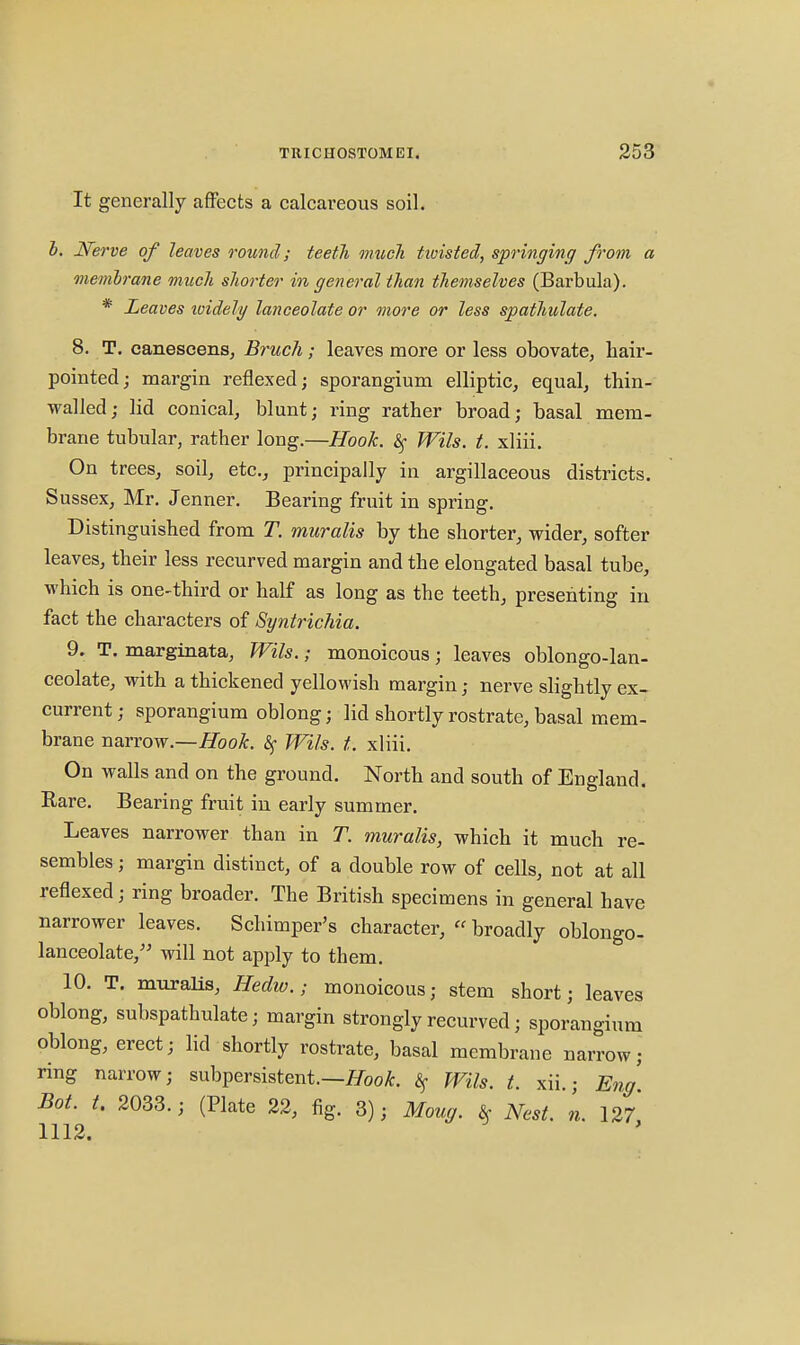 It generally affects a calcareous soil. h. Nerve of leaves round; teeth much tivisted, springing from a membrane much shorter in general than themselves (Barbula). * Leaves loidely lanceolate or more or less spathulate. 8. T. caneseens, Bruch; leaves more or less obovate, hair- pointed; margin reflexed; sporangium elliptic, equal, thin- walled; lid conical, blunt; ring rather broad; basal mem- brane tubular, rather long.—Hook, Wils. t. xliii. On trees, soil, etc., principally in argillaceous districts. Sussex, Mr. Jenner. Bearing fruit in spring. Distinguished from T. muralis by the shorter, wider, softer leaves, their less recurved margin and the elongated basal tube, which is one-third or half as long as the teeth, presenting in fact the characters of Syntrichia. 9. T. marginata, Wils.; monoicous; leaves oblongo-lan- ceolate, with a thickened yellowish margin; nerve slightly ex- current ; sporangium oblong; lid shortly rostrate, basal mem- brane narrow.—Hook. &; Wils. t. xliii. On walls and on the ground. North and south of England. Rare. Bearing fruit in early summer. Leaves narrower than in T. muralis, which it much re- sembles ; margin distinct, of a double row of cells, not at all reflexed; ring broader. The British specimens in general have narrower leaves. Schimper's character, «broadly oblongo- lanceolate, will not apply to them. 10. T. muralis, Hedw.; monoicous; stem short; leaves oblong, subspathulate; margin strongly recurved; sporangium oblong, erect; lid shortly rostrate, basal membrane narrow; ring narrow; subpersistent.—Hook. $ Wils. t. xii.; Eng. Bot. t. 2033.; (Plate 22, fig. 3); Moug. % Nest. n. 127,