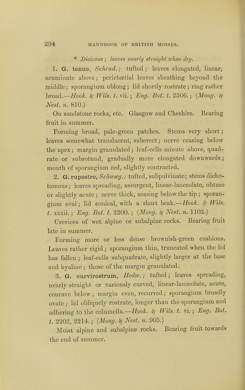 * Dioicous ; leaves nearly straight when dry. 1. G-. tenue, Schrad.; tufted; leaves elongated, linear, acuminate above; perichsetial leaves sheathing beyond the middle; sporangium oblong; lid shortly rostrate; ring rather broad.—Hook. &; Wils. t. vii.; Eng. Bot. t. 2506.; (Moug. $ ■Nest. n. 810.) On sandstone rocks, etc. Glasgow and Cheshire. Bearing fruit in summer. Forming broad, pale-green patches. Stems very short ; leaves somewhat translucent, suberect; nerve ceasing below the apex; margin granulated ; leaf-cells minute above, quad- rate or subrotund, gradually more elongated downwards; mouth of sporangium red, slightly contracted. 2. G.rupestre, Schwceg.; tufted, subpulvinate; stems dicho- tomous; leaves spreading, assurgent, linear-lanceolate, obtuse or slightly acute ; nerve thick, ceasing below the tip ; sporan- gium oval; lid conical, with a short beak.—Hook, Wils. t. xxxii.; Eng. Bot. t. 2200.; (Movg. $ Nest. n. 1102.) Crevices of wet alpine or subalpine rocks. Bearing fruit late in summer. Forming more or less dense brownish-green cushions. Leaves rather rigid; sporangium thin, truncated when the lid has fallen; leaf-cells subquadrate, slightly larger at the base and hyaline; those of the margin granulated. 3. G. curvirostrum, Heclw.; tufted; leaves spreading, nearly straight or variously curved, linear-lanceolate, acute, concave below; margin even, recurved; sporangium broadly ovate ; lid obliquely rostrate, longer than the sporangium and adhering to the columella.—Hook, Wils. t. vi.; Eng. Bot. t. 2202, 2214.; {Moug. # Nest. n. 905.) Moist alpine and subalpine rocks. Bearing fruit towards the end of summer.