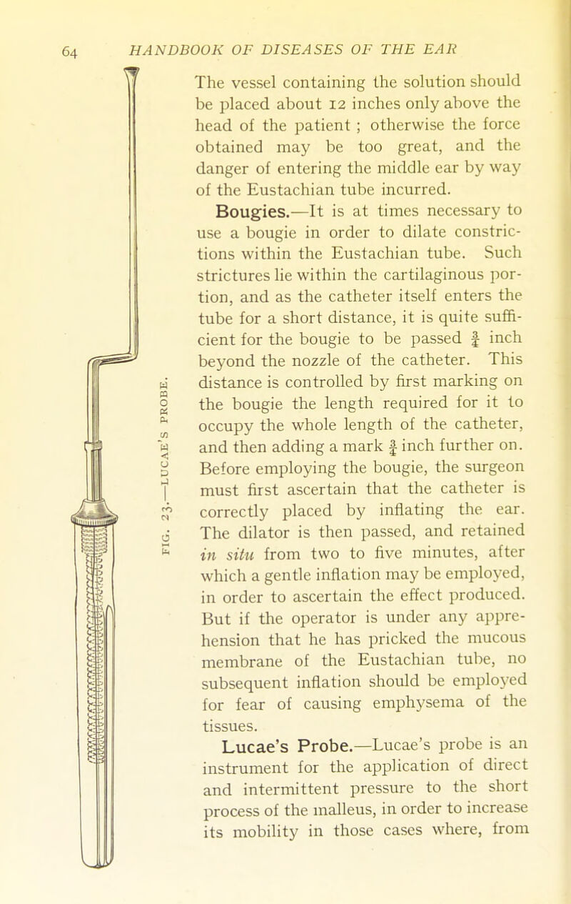 The vessel containing the solution should be placed about 12 inches only above the head of the patient ; otherwise the force obtained may be too great, and the danger of entering the middle ear by way of the Eustachian tube incurred. Bougies.—It is at times necessary to use a bougie in order to dilate constric- tions within the Eustachian tube. Such strictures He within the cartilaginous por- tion, and as the catheter itself enters the tube for a short distance, it is quite suffi- cient for the bougie to be passed | inch beyond the nozzle of the catheter. This w distance is controlled by first marking on § the bougie the length required for it to ^ occupy the whole length of the catheter, w and then adding a mark | inch further on. ^ Before employing the bougie, the surgeon must first ascertain that the catheter is ^ correctly placed by inflating the ear. 6 The dilator is then passed, and retained in situ from two to five minutes, after which a gentle inflation may be employed, in order to ascertain the effect produced. But if the operator is under any appre- hension that he has pricked the mucous membrane of the Eustachian tube, no subsequent inflation should be employed for fear of causing emphysema of the tissues. Lucae's Probe.—Lucae's probe is an instrument for the application of direct and intermittent pressure to the short process of the malleus, in order to increase its mobility in those cases where, from