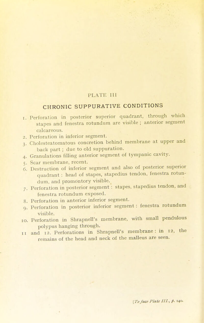 CHRONIC SUPPURATIVE CONDITIONS 1. Perforation in posterior superior quadrant, through which stapes and fenestra rotundum are visible ; anterior segment calcareous. 2. Perforation in inferior segment. 3. Cholesteatomatous concretion behind membrane at upper and back part ; due to old suppuration. 4. Granulations filling anterior segment of tympanic cavity. 5. Scar membrane, recent. 6. Destruction of inferior segment and also of posterior superior quadrant : head of stapes, stapedius tendon, fenestra rotun- dum, and promontory visible. 7. Perforation in posterior segment : stapes, stapedius tendon, and fenestra rotundum exposed. 8. Perforation in anterior inferior segment. 9. Perforation in posterior inferior segment : fenestra rotundum visible. 10. Perforation in Shrapnell's membrane, with small pendulous polypus hanging through. II and 12. Perforations in Shrapnell's membrane: in 12, the remains of the head and neck of the malleus are seen. [To face Plate III., p- 140-