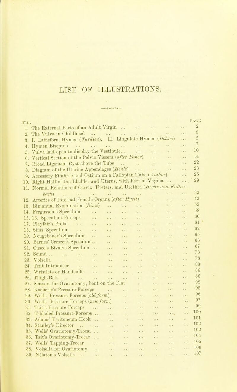 LIST OF ILLUSTEATIOls^S. PA(i li 9 32 FIG. 1. The External Parts of an Adult Virgin ■2. The Vulva in Childhood 3 3. I. Labieform Hymen (TaJ'dicjf). 11. Lin^ulate Hymen (Z»o/mi) ... 5 4. Hymen Biseptus ' 5. Vulva laid open to display the Vestibule 10 6. Vertical Section of the Pelvic Viscera (after Foster) 14 7. Broad Ligament Cyst above the Tube 22 8. Diagram of the Uterine Appendages {ir(;?i?c) 23 9. Accessory FimbriiE and Ostium on a Fallopian Tube (^liWior) ... 25 10. Right Half of the Bladder and Uterus, with Part of Vagina '29 11. Kormal Relations of Cervix, Ureters, aud Urethra {Hecjar and Kalten bach) 12. Arteries of Internal Female Organs {after Hijrtl) 42 18. Bimanual Examination {Sims) 55 14. Fergussou's Speculum ^8 15, 16. Speculum-Forceps 60 17. Playfair's Probe 61 IS. Sims'Speculum ' •■■ 62 19. Neugebauer's Speculum 65 20. Barnes' Crescent Speculum ' 66 21. Cusco's Bivalve Speculum 67 22. Sound 23. Volsella '8 24. Tent Introducer 80 25. Wristlets or Handcufl's 86 26. Thigh-Belt 86 27. Scissors for Ovariotomy, bent on the Flat 92 28. Koeberle's Pressure-Forceps 29. Wells' Pressure-Forceps {old form) 96 30. Wells' Pressure-Forceps {new form) • 97 31. Tait's Pressure-Forceps 32. T-bladed Pressure-Forceps ••• 33. Adams' Peritoneum-Hook 34. Stanley's Director 35. Wells'Ovariotomy-Trocar ■'^2 36. Tait's Ovariotomy-Trocar 104 37. Wells'Tapping-Trocar .105 38. Volsella for Ovariotomy 106 .39. Nekton's Volsella 107