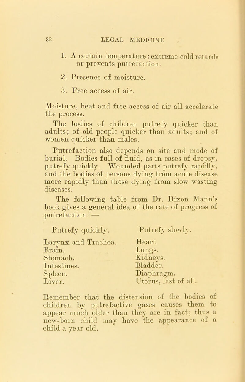 1. A certain temperature ; extreme cold retards or prevents putrefaction. 2. Presence of moisture. 3. Pree access of air. Moisture, Peat and free access of air all accelerate the process. The bodies of children putrefy quicker than adults; of old people quicker than adults; and of women quicker than males. Putrefaction also depends on site and mode of burial. Bodies full of fluid, as in cases of dropsy, putrefy quickly. Wounded parts putrefy rapidly, and the bodies of persons dying from acute disease more rapidly than those dying from slow wasting diseases. The following table from Dr. Dixon Mann’s hook gives a general idea of the rate of progress of putrefaction: — Putrefy quickly. Larynx and Trachea. Brain. Stomach. Intestines. Spleen. Liver. Putrefy slowly. Heart. Lungs. Kidnevs. Bladder. Diaphragm. Uterus, last of all. Remember that the distension of the bodies of children by putrefactive gases causes them to appear much older than they are in fact; thus a new-horn child may have the appearance of a child a year old.