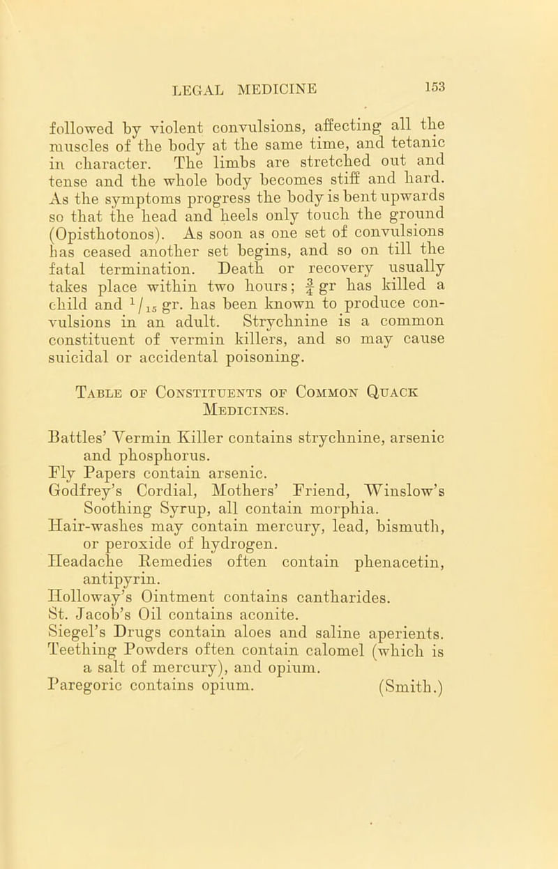 followed by violent convulsions, affecting all the muscles of tbe body at tlie same time, and tetanic in character. Tbe limbs are stretched out and tense and the whole body becomes stiff and hard. As the symptoms progress the body is bent upwards so that the head and heels only touch the ground (Opisthotonos). As soon as one set of convulsions has ceased another set begins, and so on till the fatal termination. Death or recovery usually takes place within two hours; § gr has killed a child and 1/15 gr. has been known to produce con- vulsions in an adult. Strychnine is a common constituent of vermin killers, and so may cause suicidal or accidental poisoning. Table of Constituents of Common Quack Medicines. Battles’ Yermin Killer contains strychnine, arsenic and phosphorus. Fly Papers contain arsenic. Godfrey’s Cordial, Mothers’ Friend, Winslow’s Soothing Syrup, all contain morphia. Hair-washes may contain mercury, lead, bismuth, or peroxide of hydrogen. Headache Remedies often contain phenacetin, antipyrin. Holloway’s Ointment contains cantharides. St. Jacob’s Oil contains aconite. Siegel’s Drugs contain aloes and saline aperients. Teething Powders often contain calomel (which is a salt of mercury), and opium. Paregoric contains opium. (Smith.)