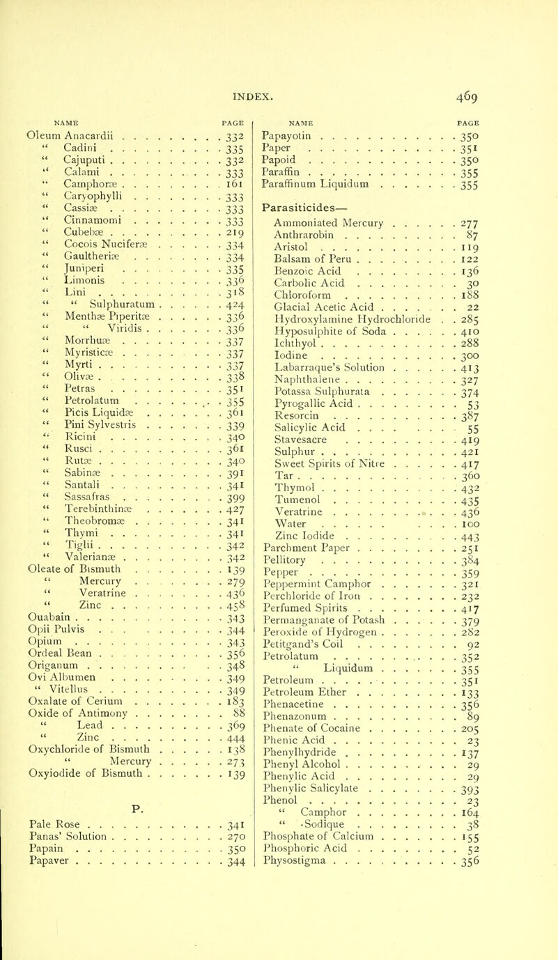 NAME PAGE Oleum Anacardii 332  Cadini 335  Cajuputi 332 '' Calami 333  Camphoree 161  Caryophylli 333  Cassiae 333  Cinnamomi 333  Cubebae 219  Cocois Nucifene 334  Gaultherice 334  Juniperi 335  Limonis 336  Lini 318   Sulphuratum 424  Menthae Piperita? 336   Viridis 336  Morrhuae 337  Myristicae 337  Myrti 337  Olivaa 338  Petras 351  Petrolatum .355  Picis Liquids: 361  Pini Sylvestris 339  Ricini 340  Rusci 361  Rutae 340  Sabinse 391  Santali 341  Sassafras 399  Terebinthinas 427  Theobromse 341  Thymi 341  Tiglii 342  Valerianae 342 Oleate of Bismuth 139  Mercury 279  Veratrine 436  Zinc 458 Ouabain 343 Opii Pulvis 344 Opium 343 Ordeal Bean 356 Origanum 348 Ovi Albumen 349  Vitellus 349 Oxalate of Cerium 183 Oxide of Antimony 88  Lead 369  Zinc 444 Oxychloride of Bismuth 138  Mercury 273 Oxyiodide of Bismuth 139 P. Pale Rose 341 Panas' Solution 270 Papain 350 Papaver 344 NAME PAGE Papayotin 350 Paper 351 Papoid 350 Paraffin 355 Paraffinum Liquidum 355 Parasiticides— Ammoniated Mercury 277 Anthrarobin 87 Aristol 119 Balsam of Peru 122 Benzoic Acid 136 Carbolic Acid 30 Chloroform 188 Glacial Acetic Acid 22 Hydroxylamine Hydrochloride . . 285 Hyposulphite of Soda 410 Ichthyol 288 Iodine 300 Labarraque's Solution 413 Naphthalene 327 Potassa Sulphurata 374 Pyrogallic Acid 53 Resorcin 387 Salicylic Acid 55 Stavesacre 419 Sulphur 421 Sweet Spirits of Nitre 417 Tar 360 Thymol 432 Tumenol 435 Veratrine 436 Water .... loo Zinc Iodide 443 Parchment Paper 251 Pellitory 384 Pepper 359 Peppermint Camphor 321 Perchloride of Iron 232 Perfumed Spirits 417 Permanganate of Potash 379 Peroxide of Hydrogen 282 Petitgand's Coil 92 Petrolatum 352 Liquidum 355 Petroleum 351 Petroleum Ether 133 Phenacetine 356 Phenazonum 89 Phenate of Cocaine 205 Phenic Acid 23 Phenylhydride 137 Phenyl Alcohol 29 Phenylic Acid 29 Phenylic Salicylate 393 Phenol 23  Camphor 164  -Sodique 38 Phosphate of Calcium 155 Phosphoric Acid 52 Physostigma 356
